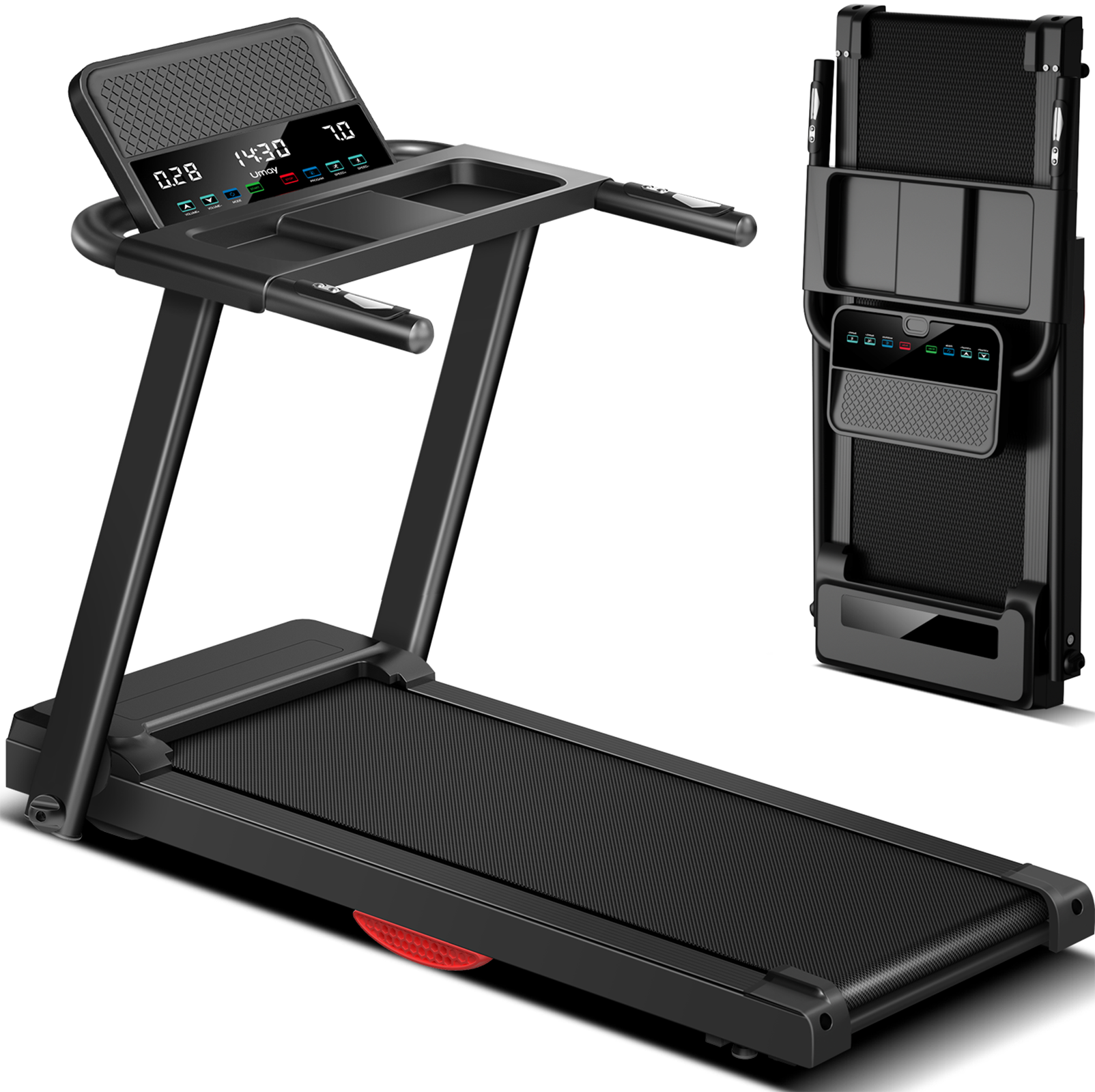ROBORE - P8 Foldable Treadmill 14KM/H, Heart Rate Sensor, 136kg Weight Capacity, 12 Built-in Programs, Dual Cushion System, home - Black