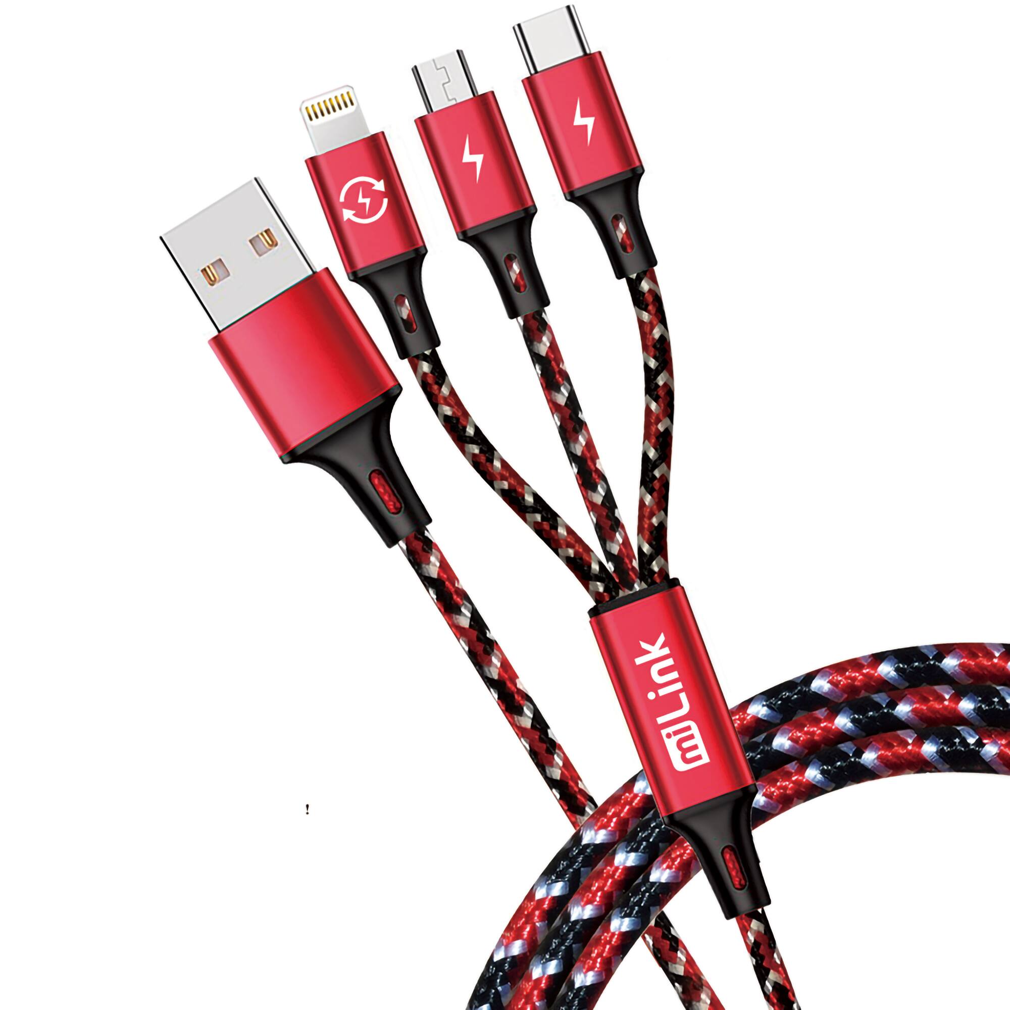 Angle. miLink - 6ft. 3-in-1 (microUSB, Type-C, 8-pin) Charging Cable.