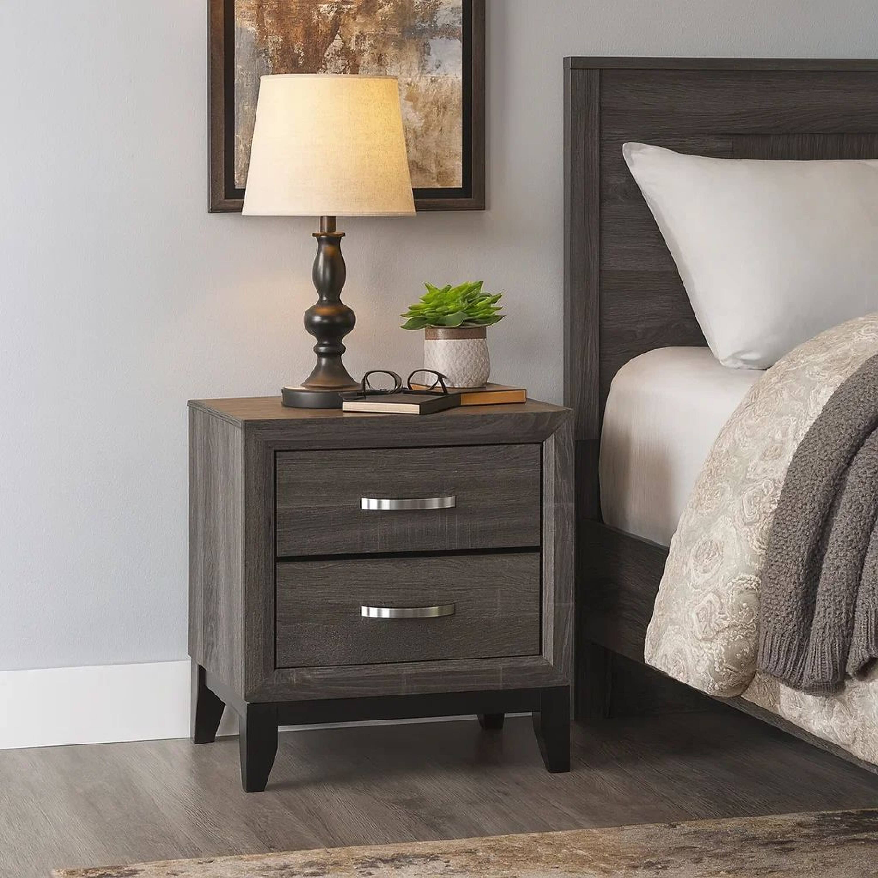 Alt View 4. Manhattan Lane - Wooden Nightstand with 2 Drawers and Chamfered legs - Gray and Black.