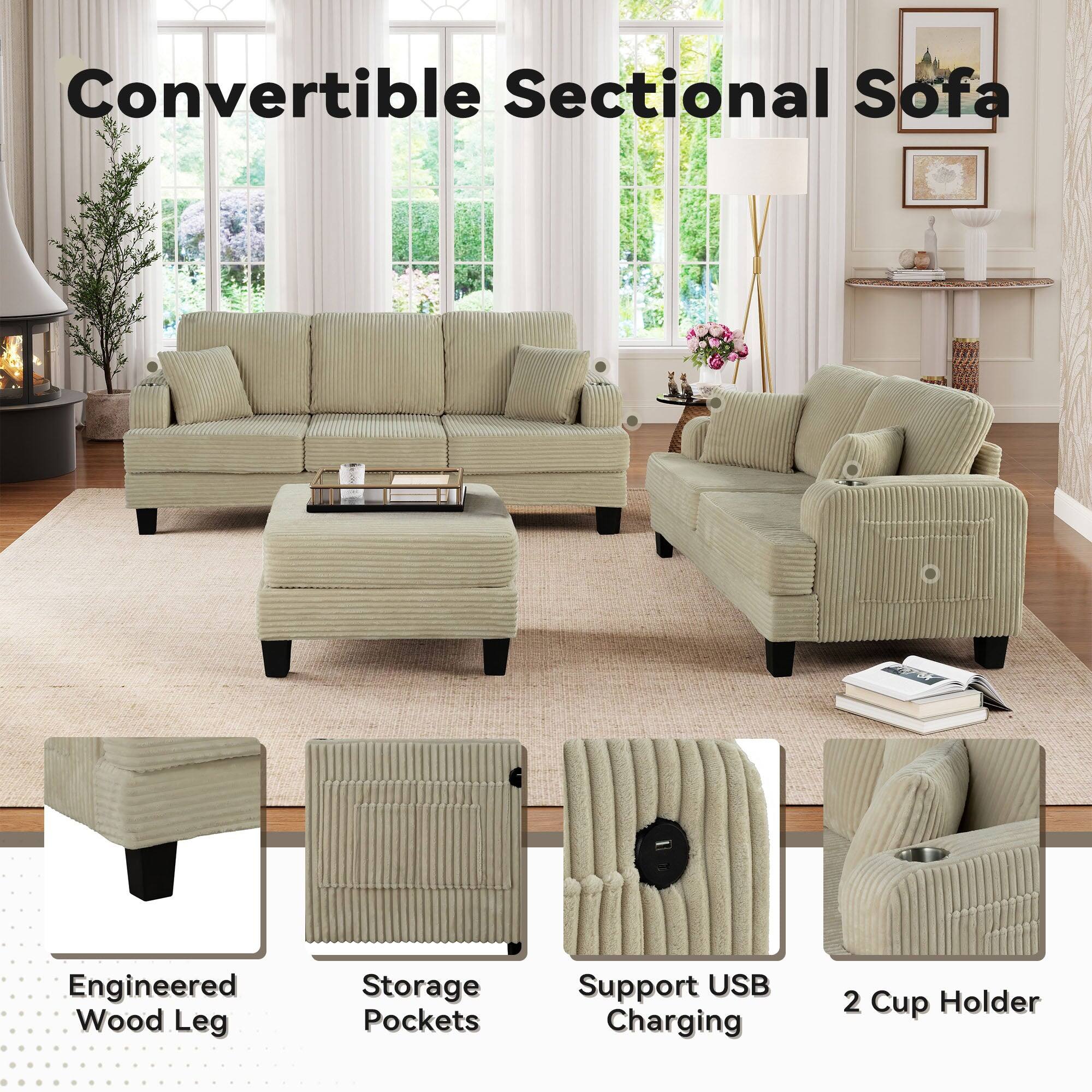Convertible Sectional Sofa  
Engineered Wood Leg  
Storage Pockets  
Support USB Charging  
2 Cup Holder