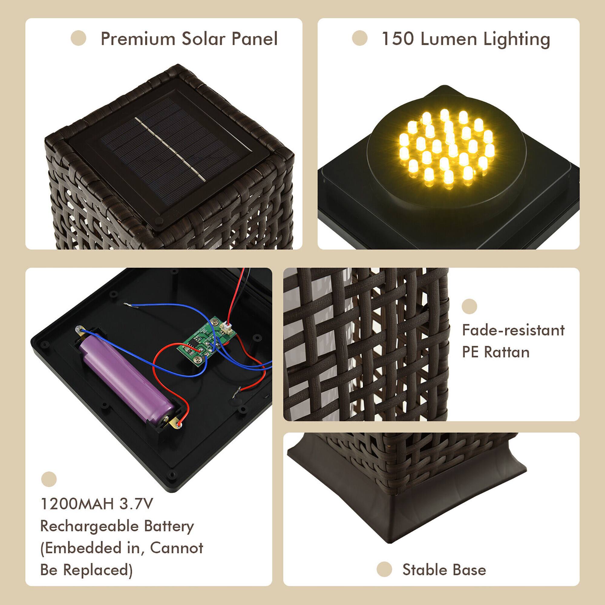- Premium Solar Panel
- 150 Lumen Lighting
- Fade-resistant PE Rattan
- 1200MAH 3.7V Rechargeable Battery (Embedded in, Cannot Be Replaced)
- Stable Base