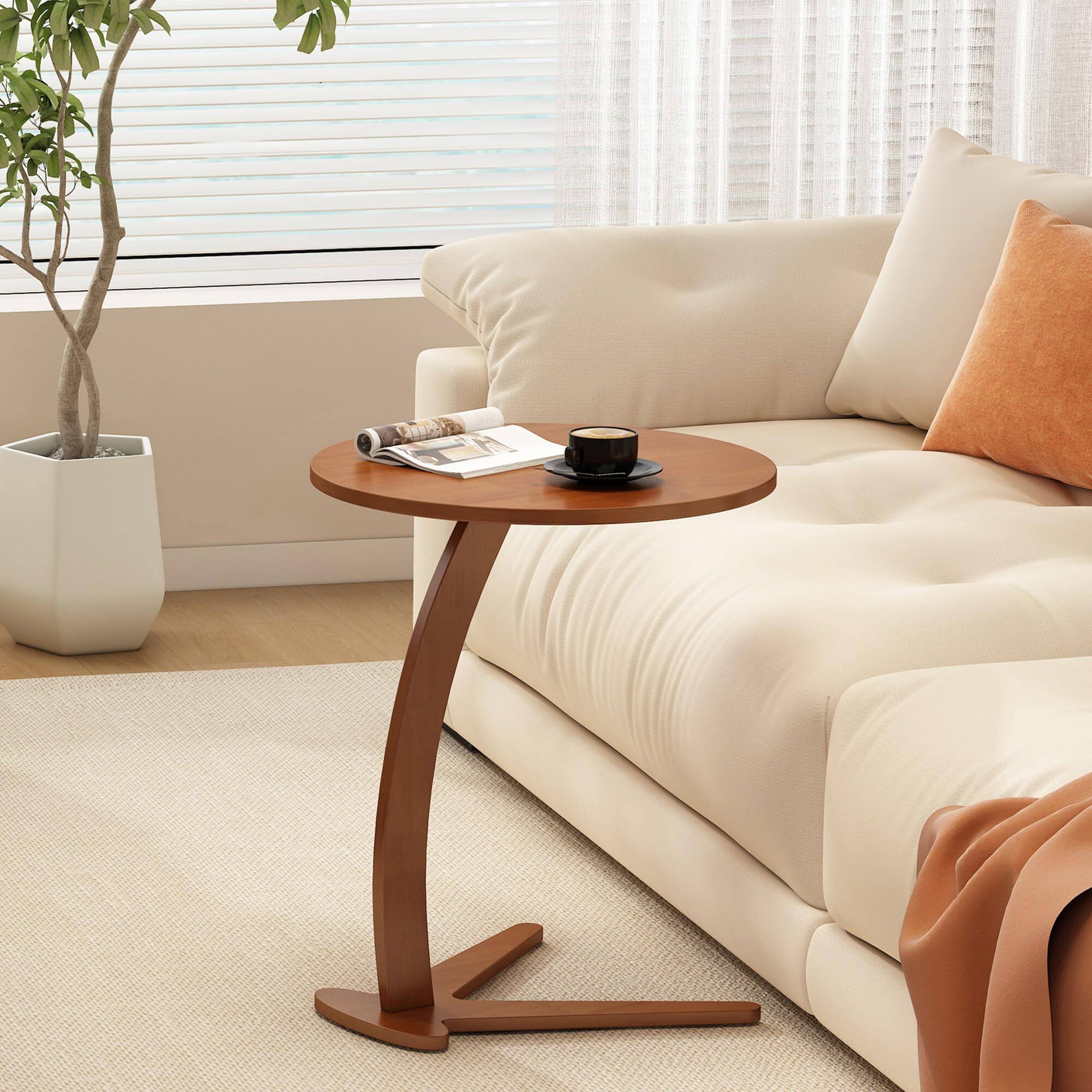 Fabibe - Wood Round Side Table: 15 '' Modern C Shaped End Table Nightstand With Solid Small Bedside For Living Room - 17 inch