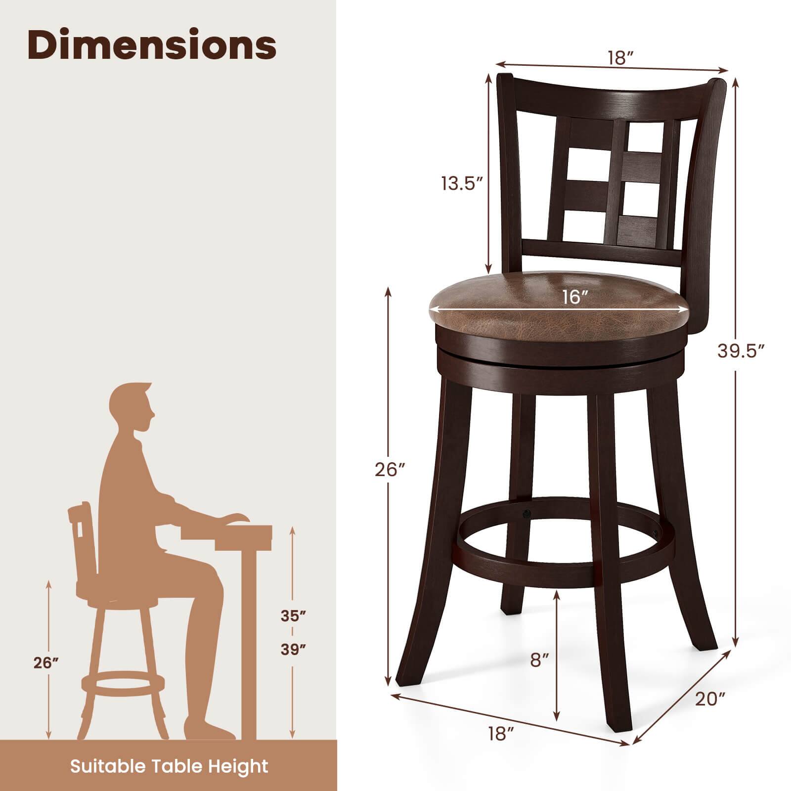 Dimensions: 18" 13.5" 16" 39.5" 26" 26" 35" 39" 8" 20"
Suitable Table Height: 18"