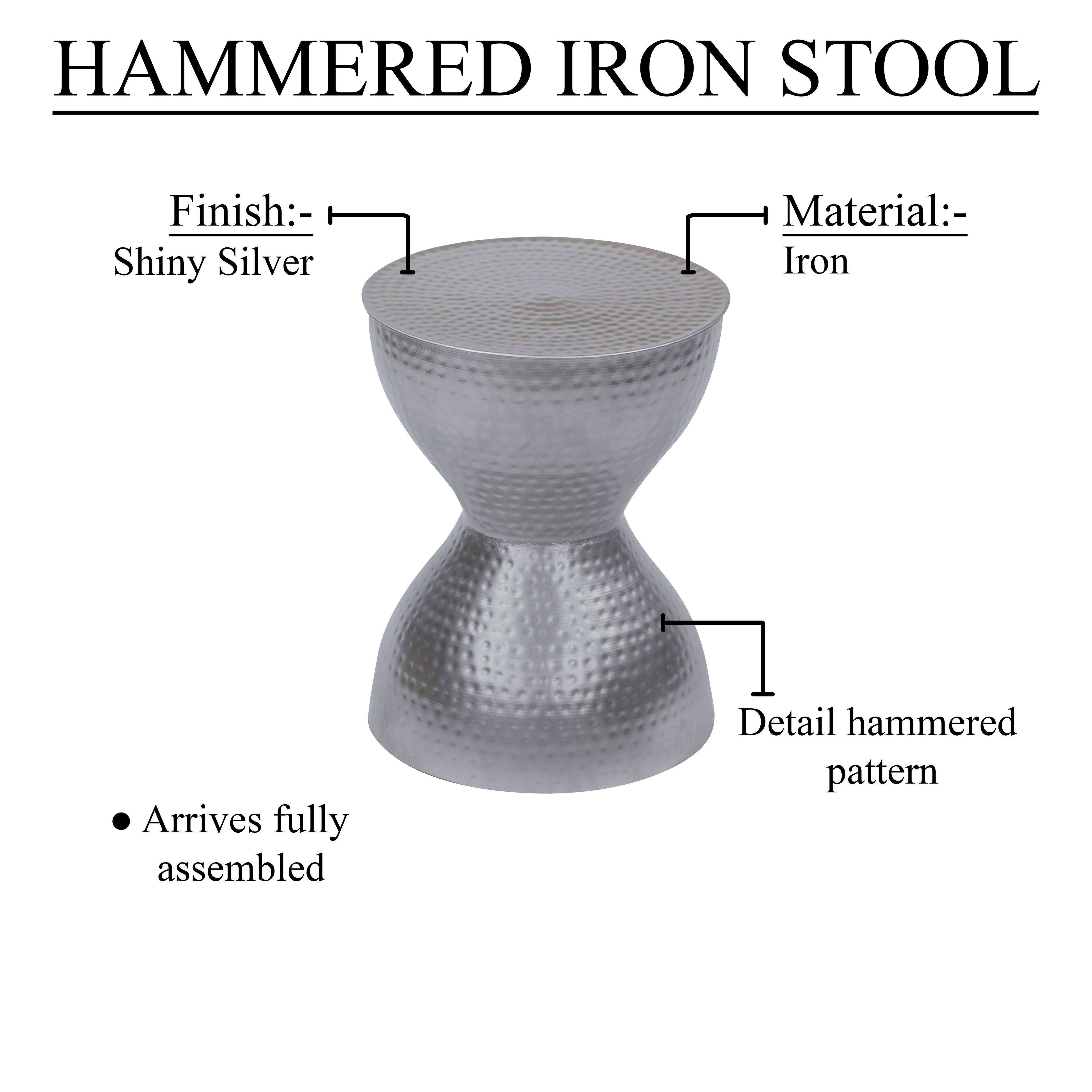 HAMMERED IRON STOOL

Finish:- Shiny Silver
Material:- Iron
Arrives fully assembled
Detail hammered pattern