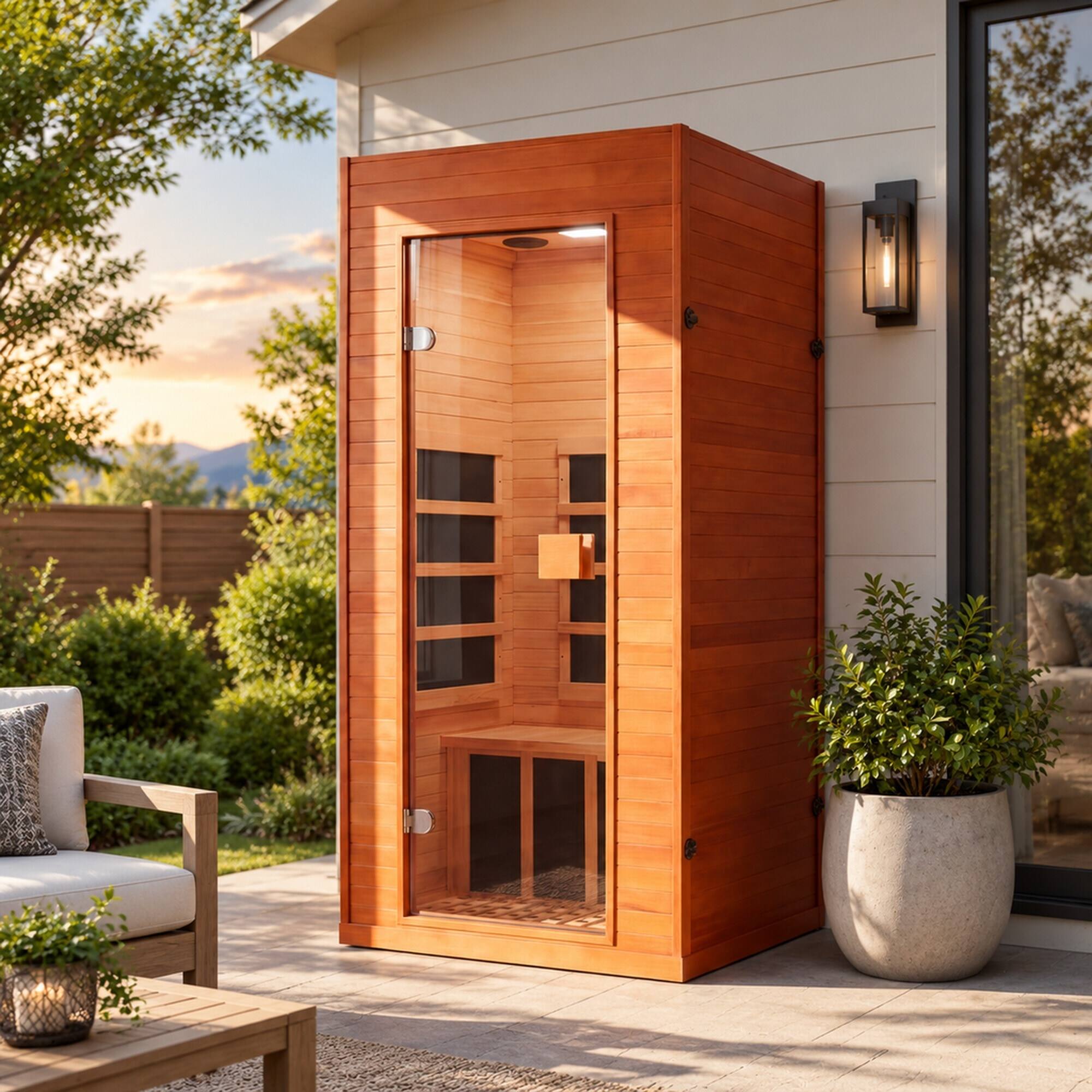 Angle. RYHNUYNE - Smart Infrared Sauna for Home, 1-Person Canadian Hemlock Wood Cabin, Voice Control, Bluetooth Speakers, Red Light - Acacia Wood.
