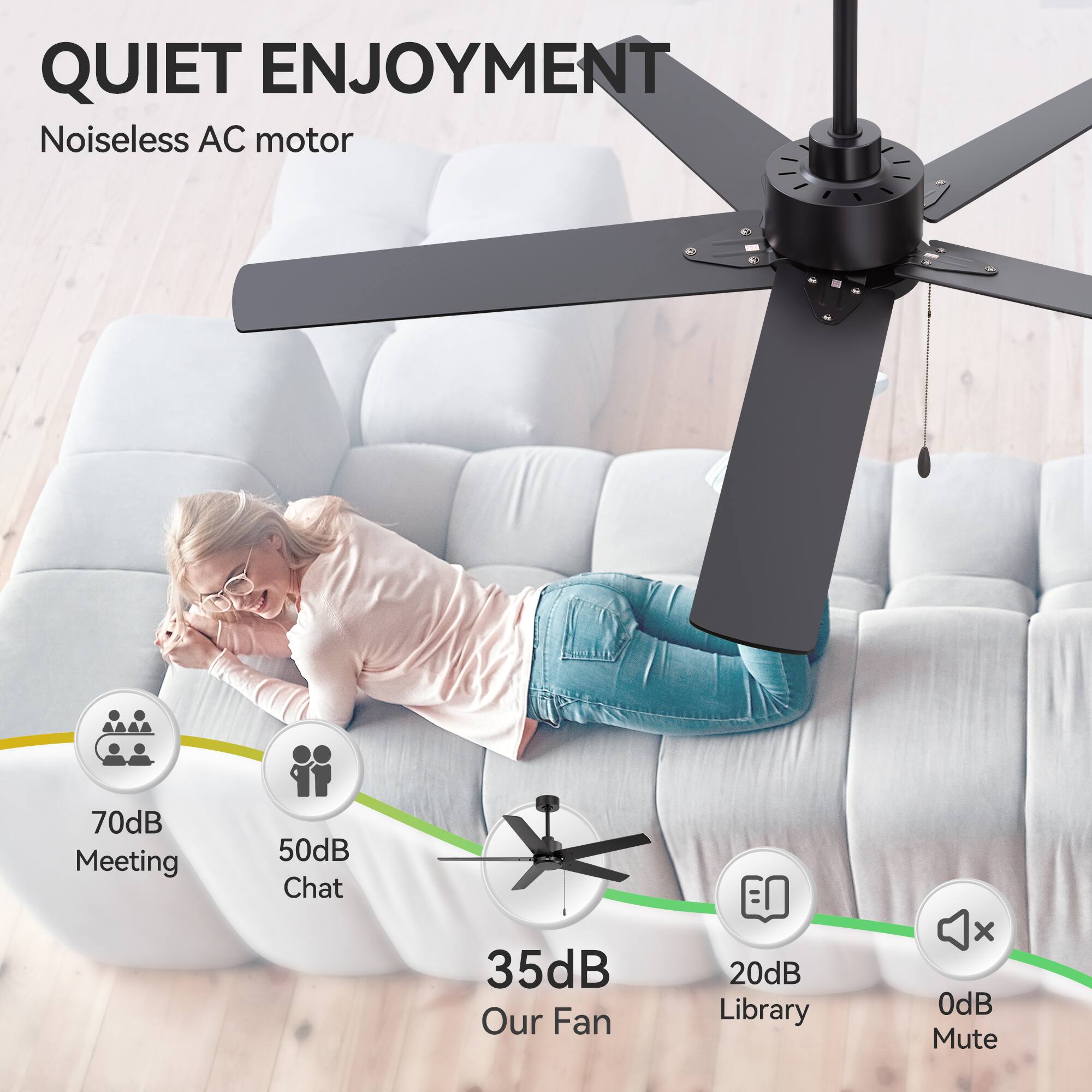 QUIET ENJOYMENT  
Noiseless AC motor  

70dB Meeting  
50dB Chat  
35dB Our Fan  
20dB Library  
0dB Mute
