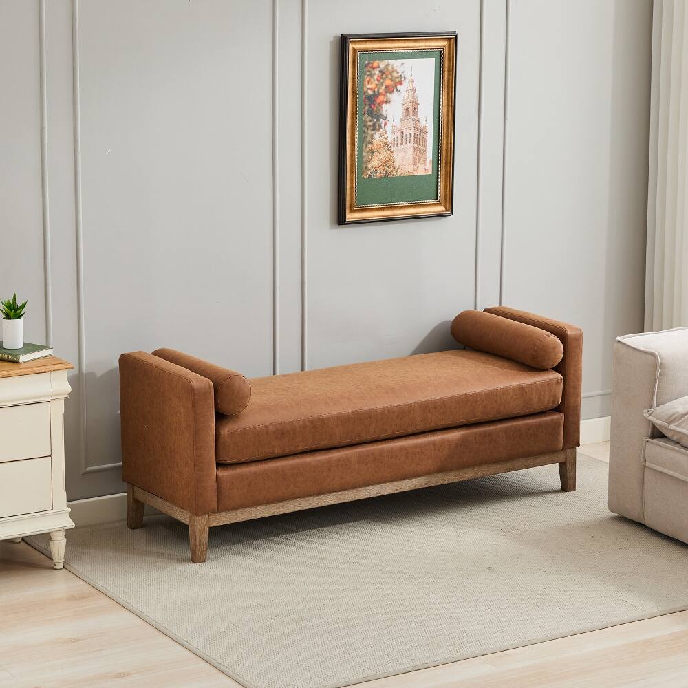 Alt View 1. Ropilly - Ropilly Upholstered End of Bed Bench, Brown PU Leather Entryway Bench with Wood Frame, Daybed Footrest Stool Ottoman - Brown.