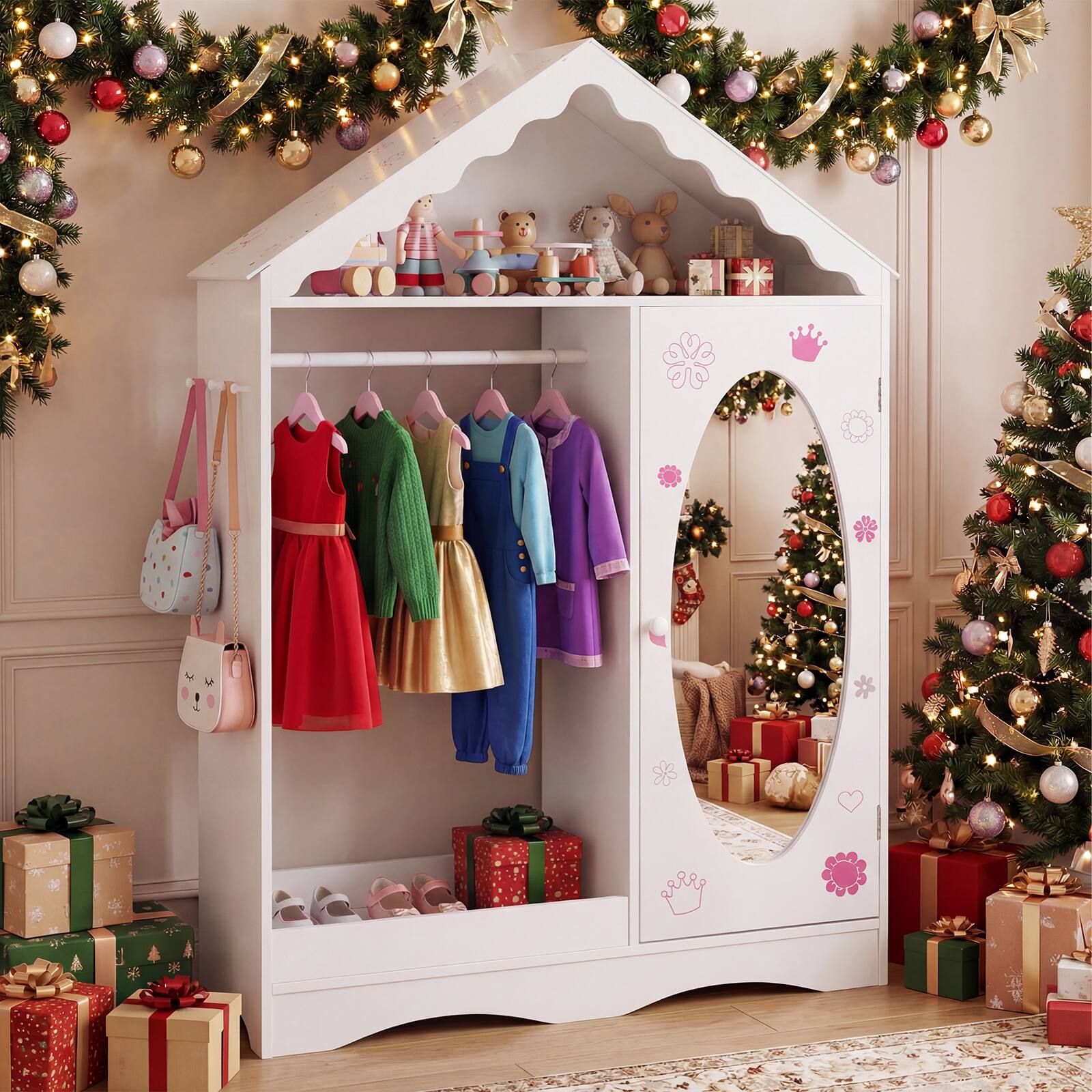 Alt View 3. Gymax - Gymax Kids Dress Up Storage w/ Mirror Roofed Wardrobe Closet w/ Open Hanging Rack White - White.