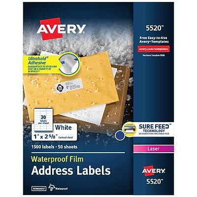 AVERY 5520  
Free Easy-to-Use Avery Templates  
avery.com/templates  

UltraHold Adhesive  
GUARANTEED TO STAY ON A VARIETY OF SURFACES  

30 labels per sheet  
White  
1" x 2 5/8" (actual size)  

1500 labels - 50 sheets  

Waterproof Film Address Labels  

SURE FEED TECHNOLOGY  
DESIGNED FOR RELIABLE PELLS  

Laser  

AVERY 5520