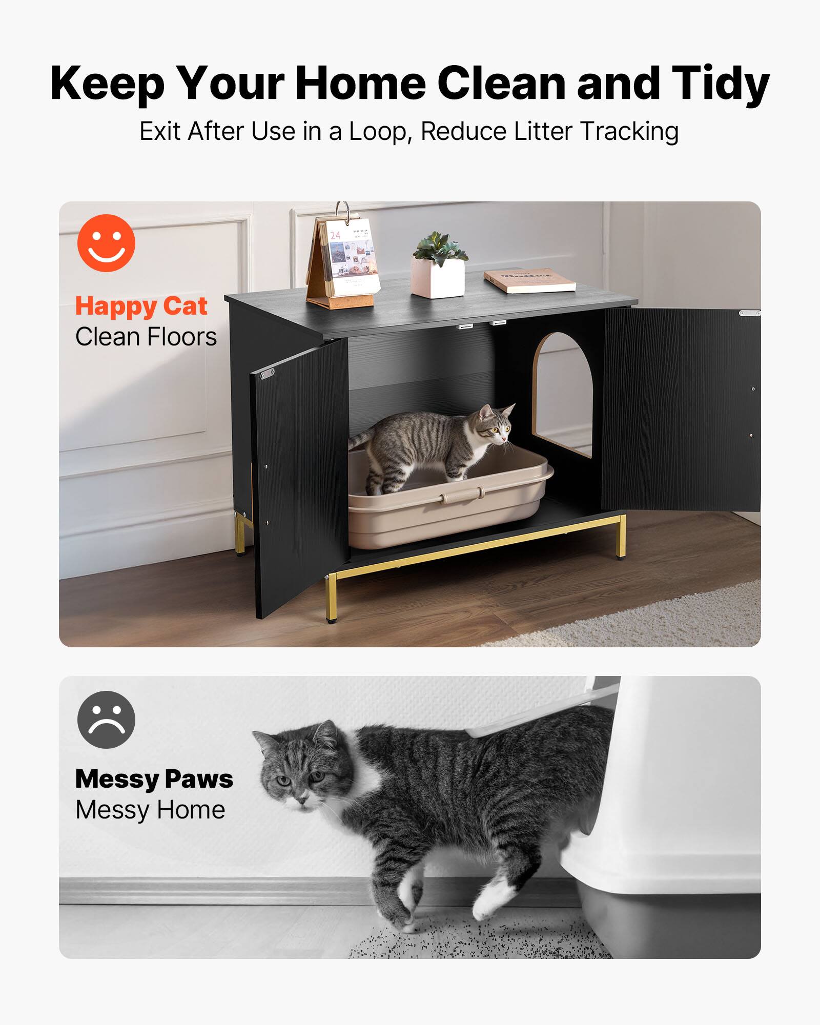 Keep Your Home Clean and Tidy  
Exit After Use in a Loop, Reduce Litter Tracking  

Happy Cat  
Clean Floors  

Messy Paws  
Messy Home