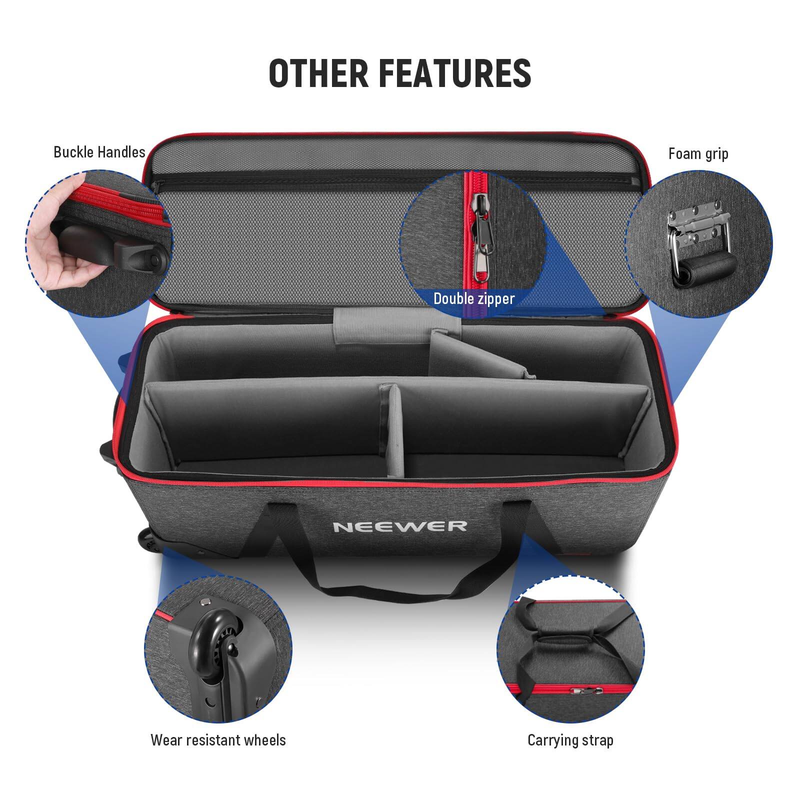 OTHER FEATURES
- Buckle Handles
- Foam grip
- Double zipper
- Wear resistant wheels
- Carrying strap