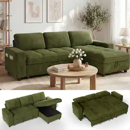Dyonery - 81" L-Shaped Sleeper Sofa Bed with Pull-Out, Reclining Backrest, Storage Chaise & USB Ports, Chenille Green - Chenille + Green