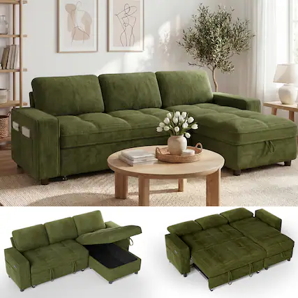 Front. Dyonery - Dyonery 81" L-Shaped Sleeper Sofa Bed with Pull-Out, Reclining Backrest, Storage Chaise & USB Ports, Chenille Green - Chenille + Green.