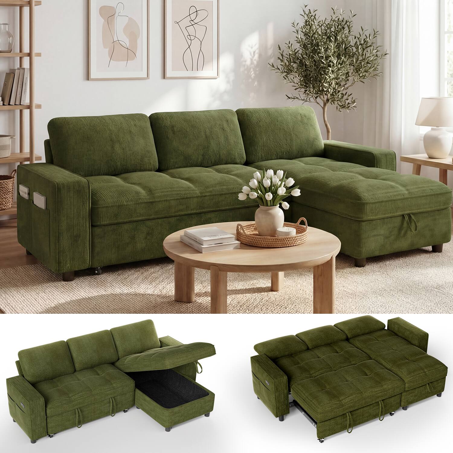 Front. Dyonery - Dyonery 81" L-Shaped Sleeper Sofa Bed with Pull-Out, Reclining Backrest, Storage Chaise & USB Ports, Chenille Green - Chenille + Green.