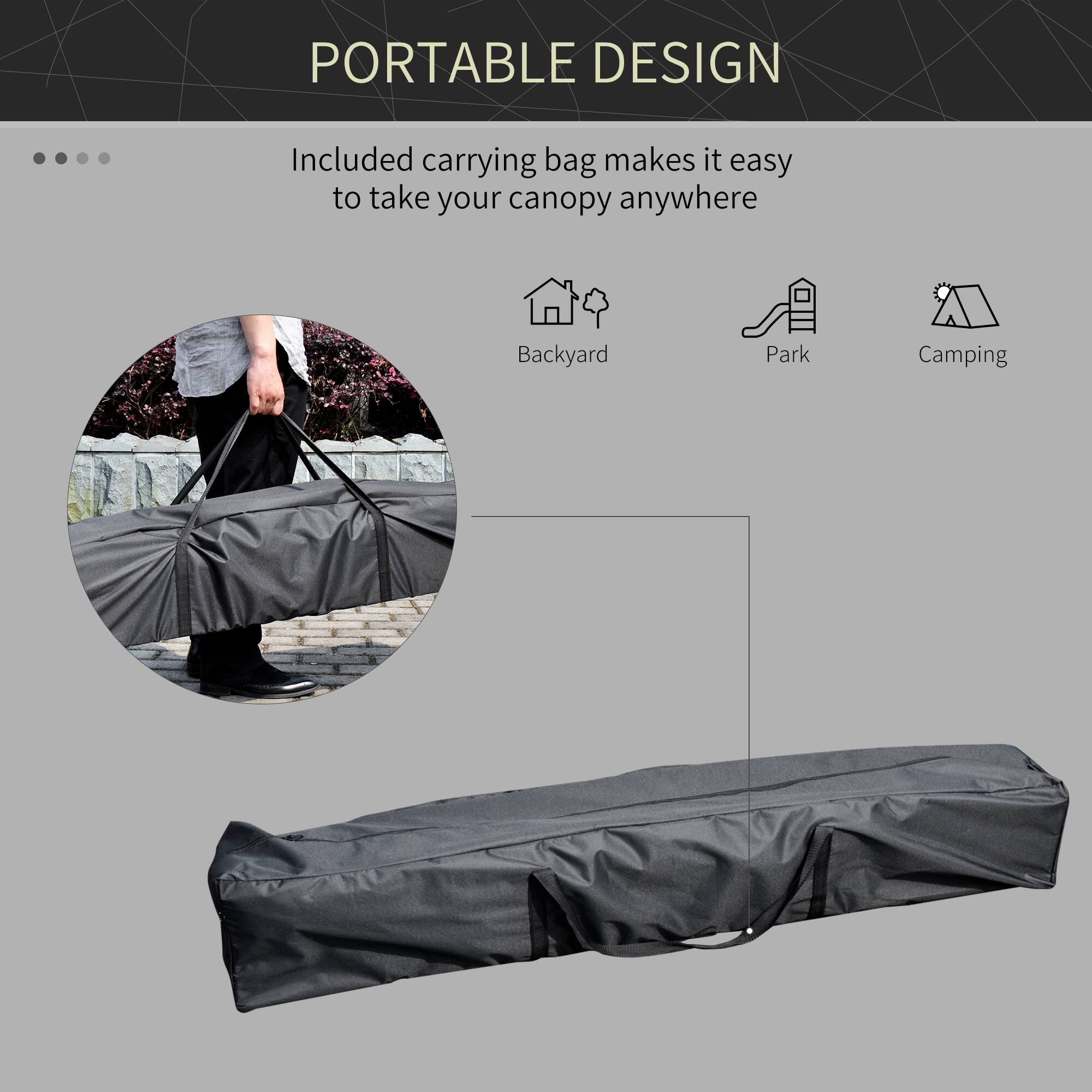 PORTABLE DESIGN

Included carrying bag makes it easy to take your canopy anywhere

Backyard
Park
Camping