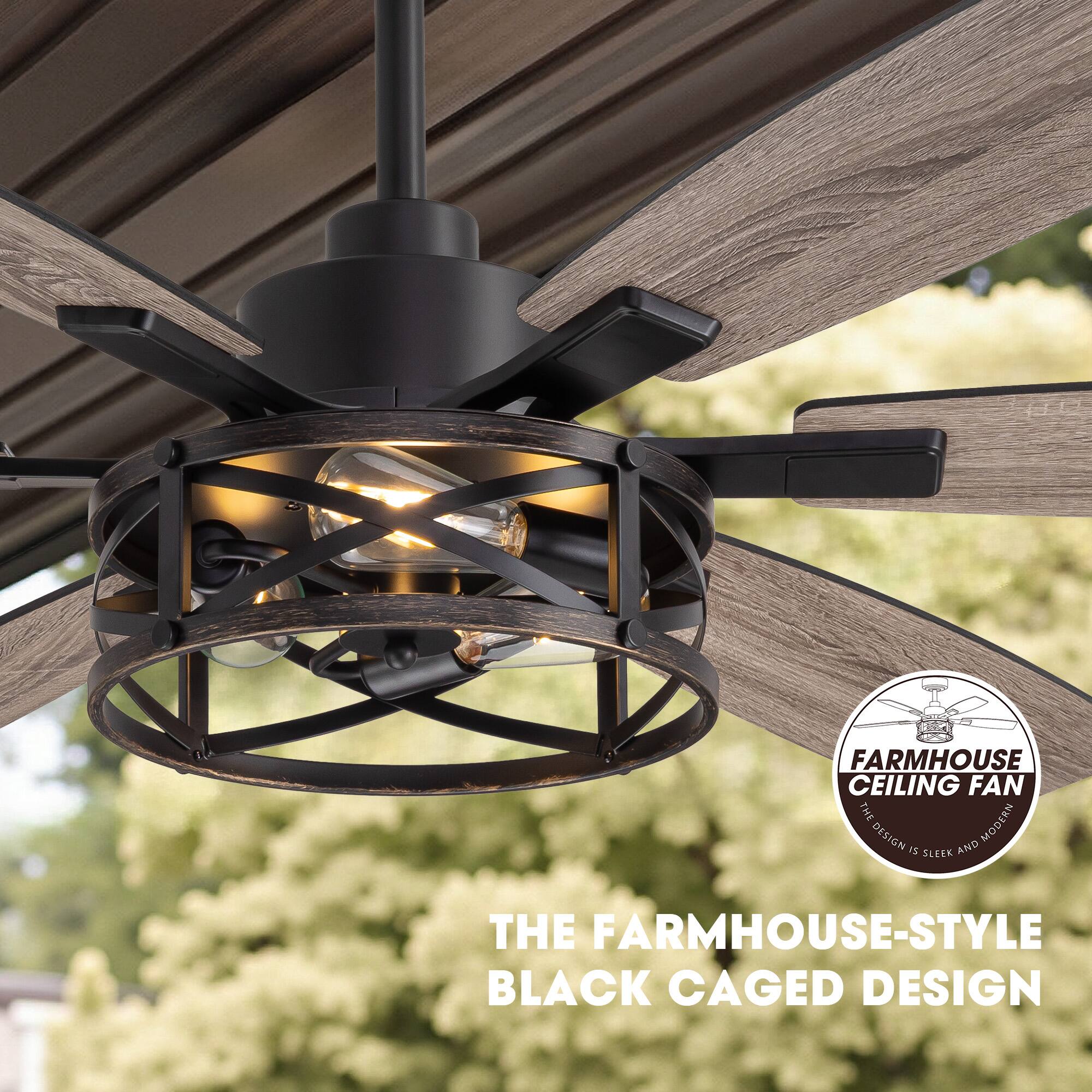 FARMHOUSE CEILING FAN  
THE MODERN DESIGN IS SLEEK AND THE FARMHOUSE-STYLE BLACK CAGED DESIGN