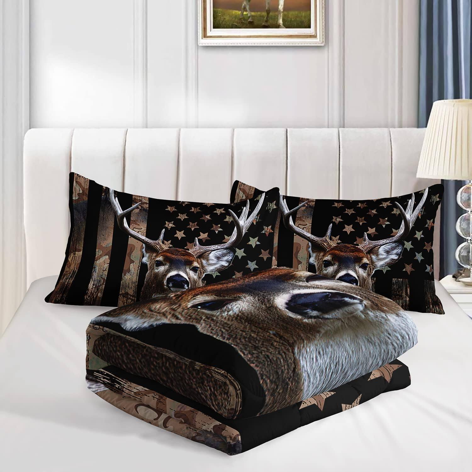 Alt View 3. Wikistore - WIKISTORE Deer Hunting Camo Comforter Set Twin Size American Flag Theme Bedding with 2 Pillowcases - As Picture.