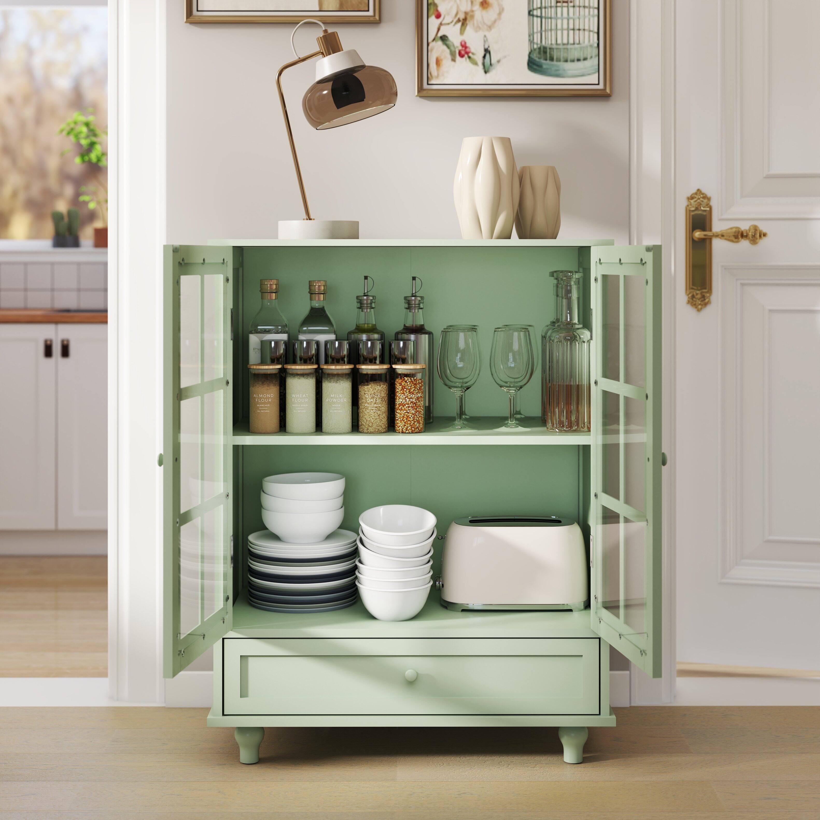 Alt View 7. Ecooso - Minimalist Buffet Cabinet with Double Glass Doors, Drawer & Storage Shelves - Green.