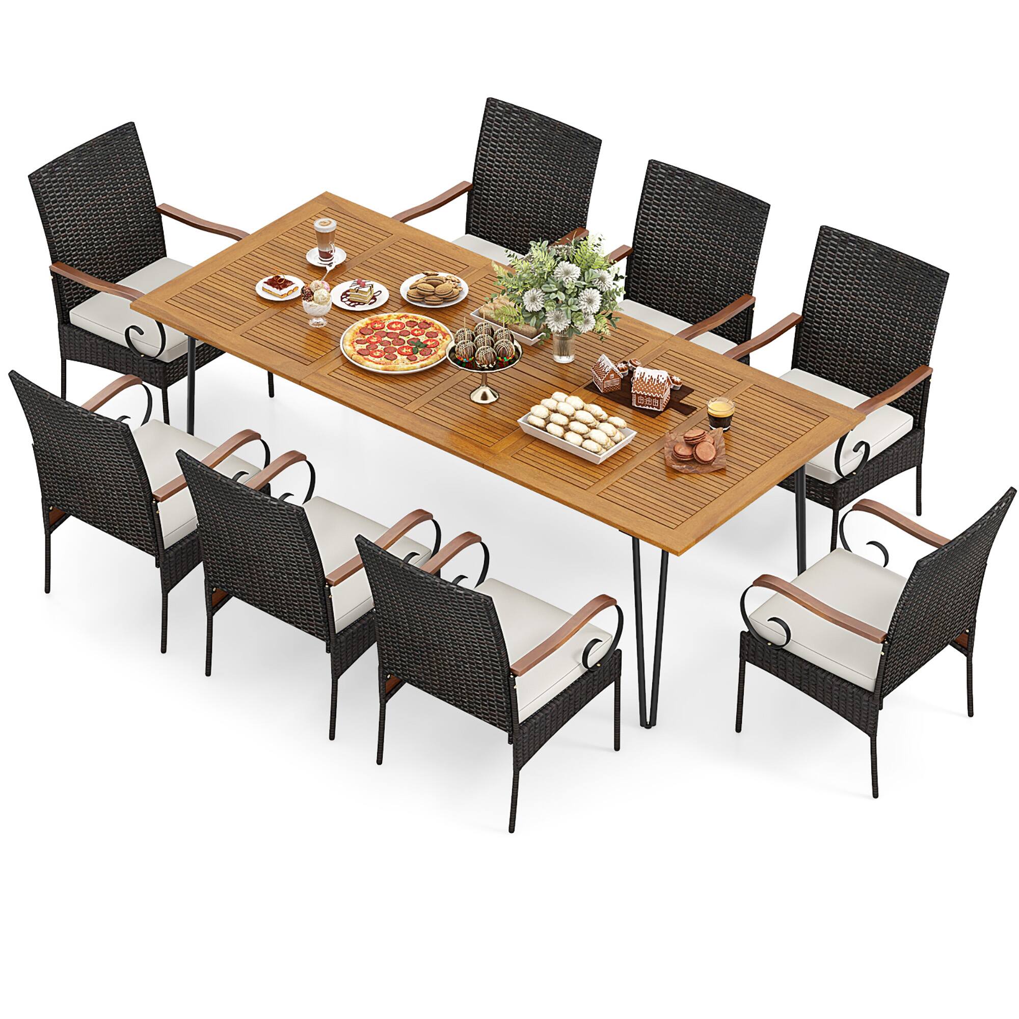 Alt View 6. Gymax - Gymax 9 PCS Outdoor Patio Dining Set Acacia Wood Square & Table Armchairs Set of 8 - Mix Brown.