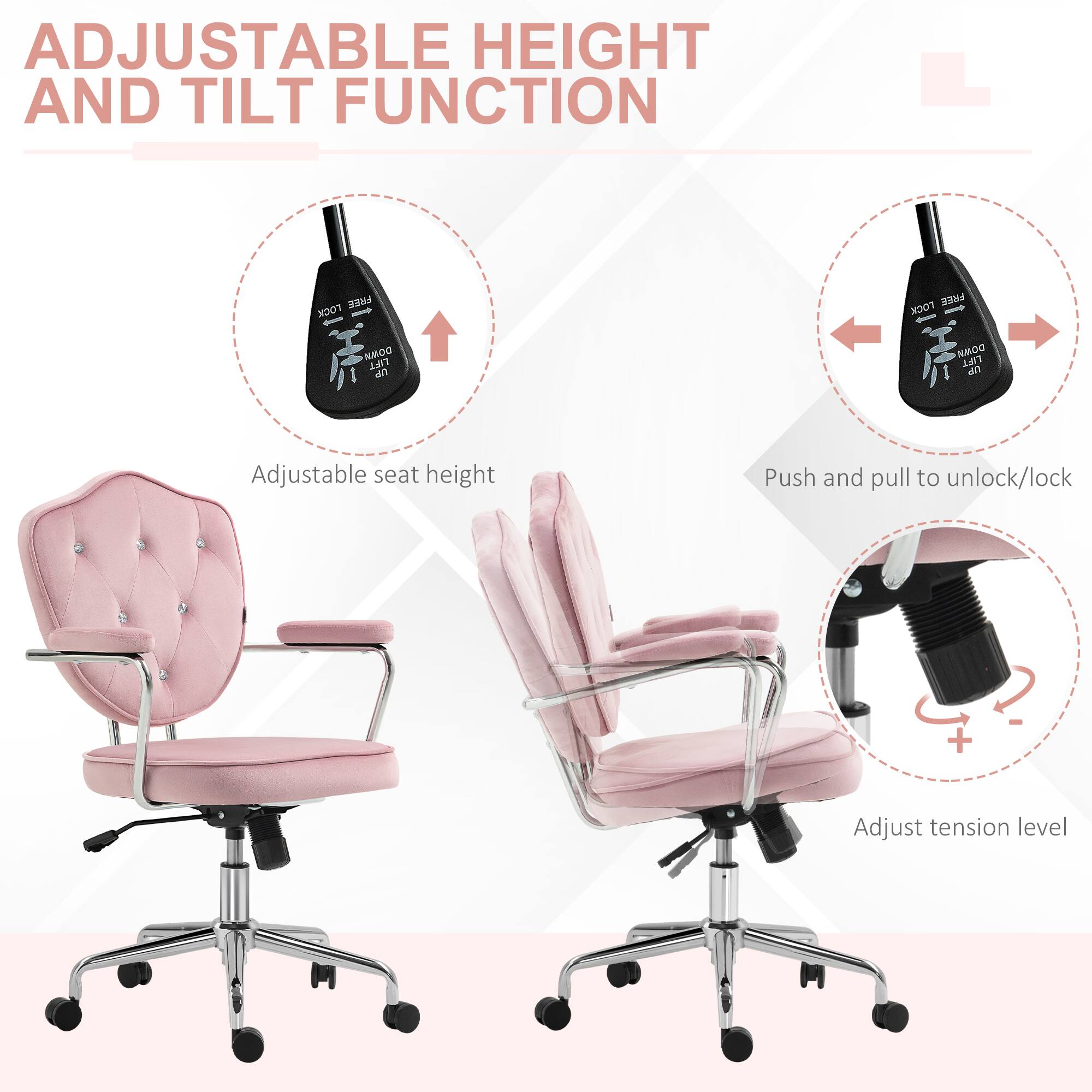 ADJUSTABLE HEIGHT AND TILT FUNCTION

Adjustable seat height
Push and pull to unlock/lock
Adjust tension level