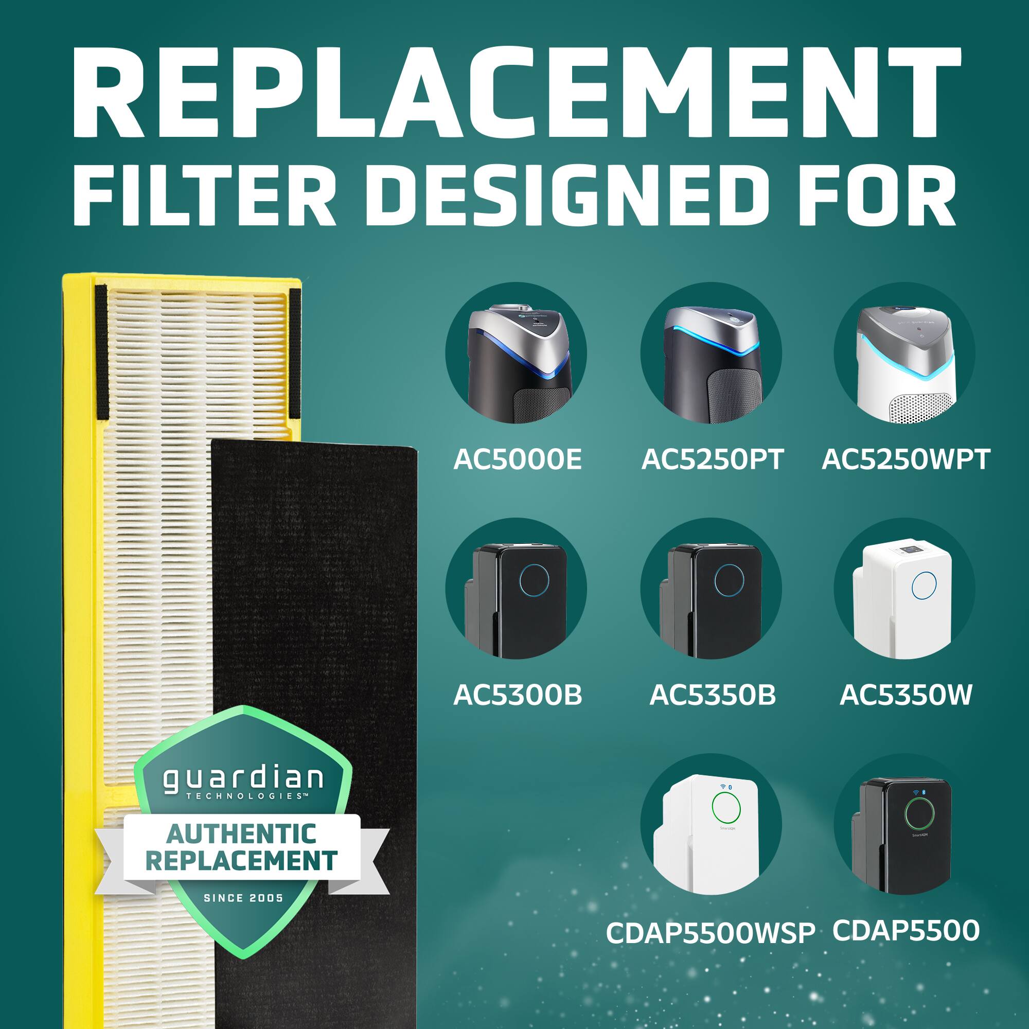 The text on the image is grouped and corrected as follows:

REPLACEMENT FILTER DESIGNED FOR:
AC5000E AC5250PT AC5250WPT AC5300B AC5350B AC5350W

guardian TECHNOLOGIES- AUTHENTIC REPLACEMENT SINCE 2005
CDAP5500WSP CDAP5500