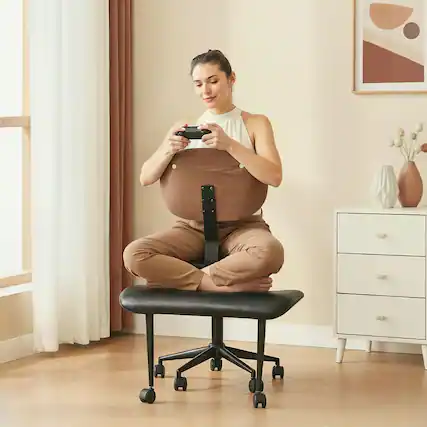 Front. Bestier - Ergonomic Cross-Legged Office Chair, 360° Swivel Adjustable Height & Faux Leather for Meditation, Yoga & Office - BLACK.