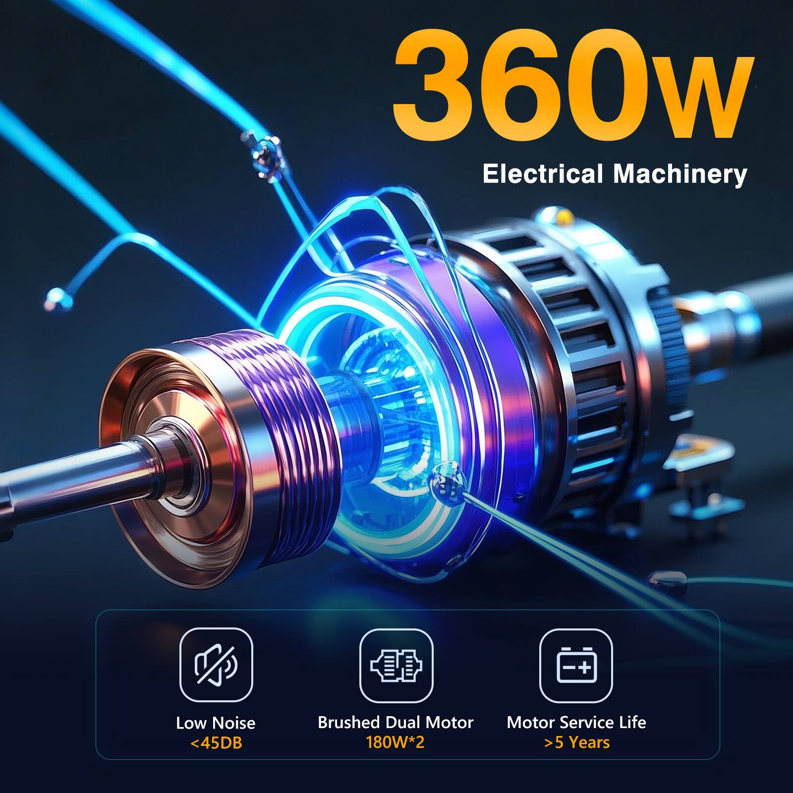 360W  
Electrical Machinery  

- Low Noise <45dB  
- Brushed Dual Motor 180W*2  
- Motor Service Life >5 Years
