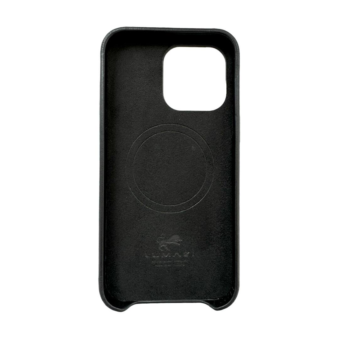 Angle. LUMAZI - Handmade, Full Grain Leather, MagSafe iPhone 16 Pro Case - Midnight.