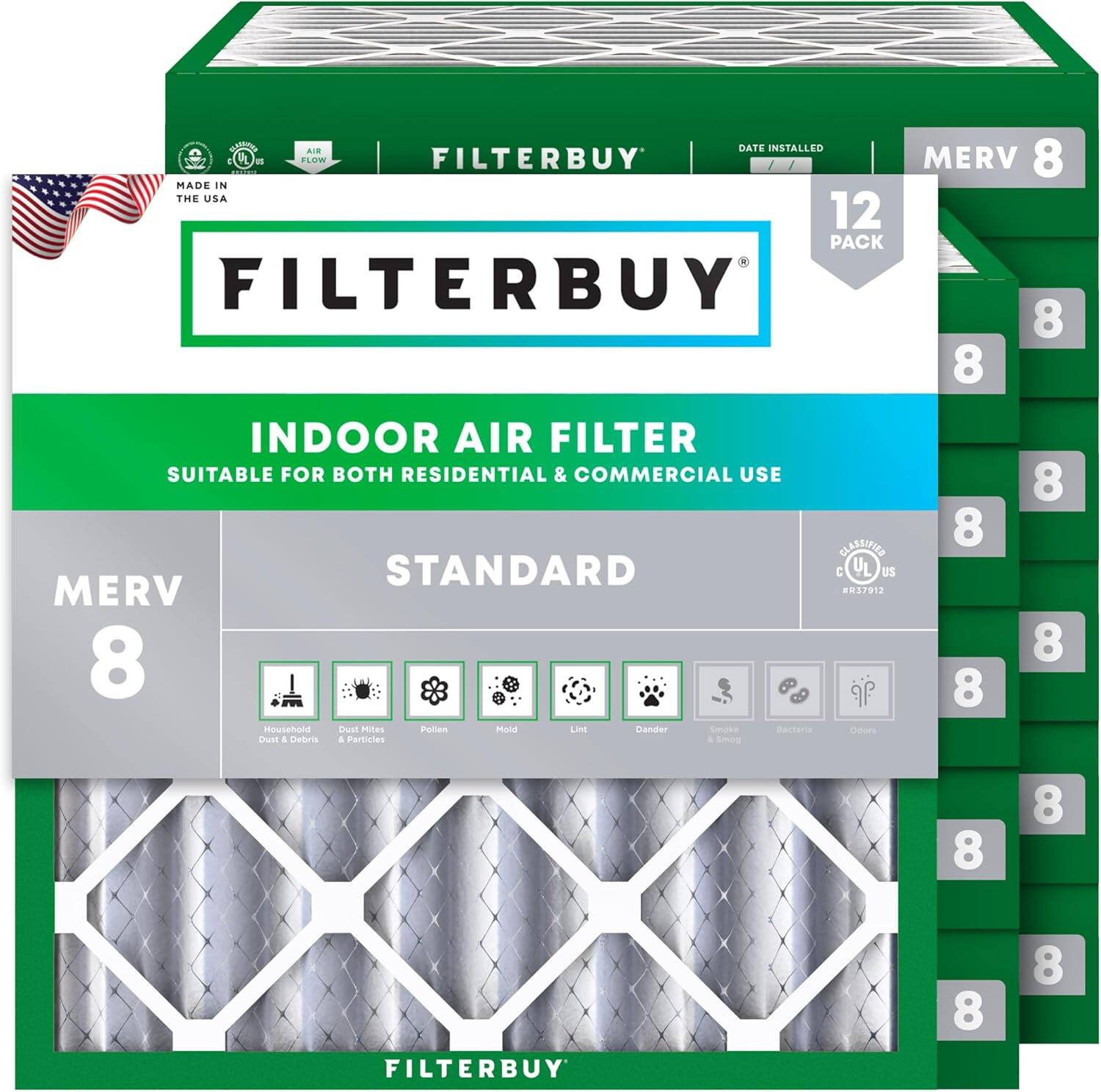 FILTERBUY MERV 8 | MADE IN THE USA 12 PACK FILTERBUY 8 8 INDOOR AIR FILTER SUITABLE FOR BOTH RESIDENTIAL & COMMERCIAL USE 8 8 CEASSITIED STANDARD  UL US MERV 37912 8 8 8 Household Dust & Debris Dust Mites & Particles Pollen Mold Pet Dander Smoke & Smog Bacteria Odors