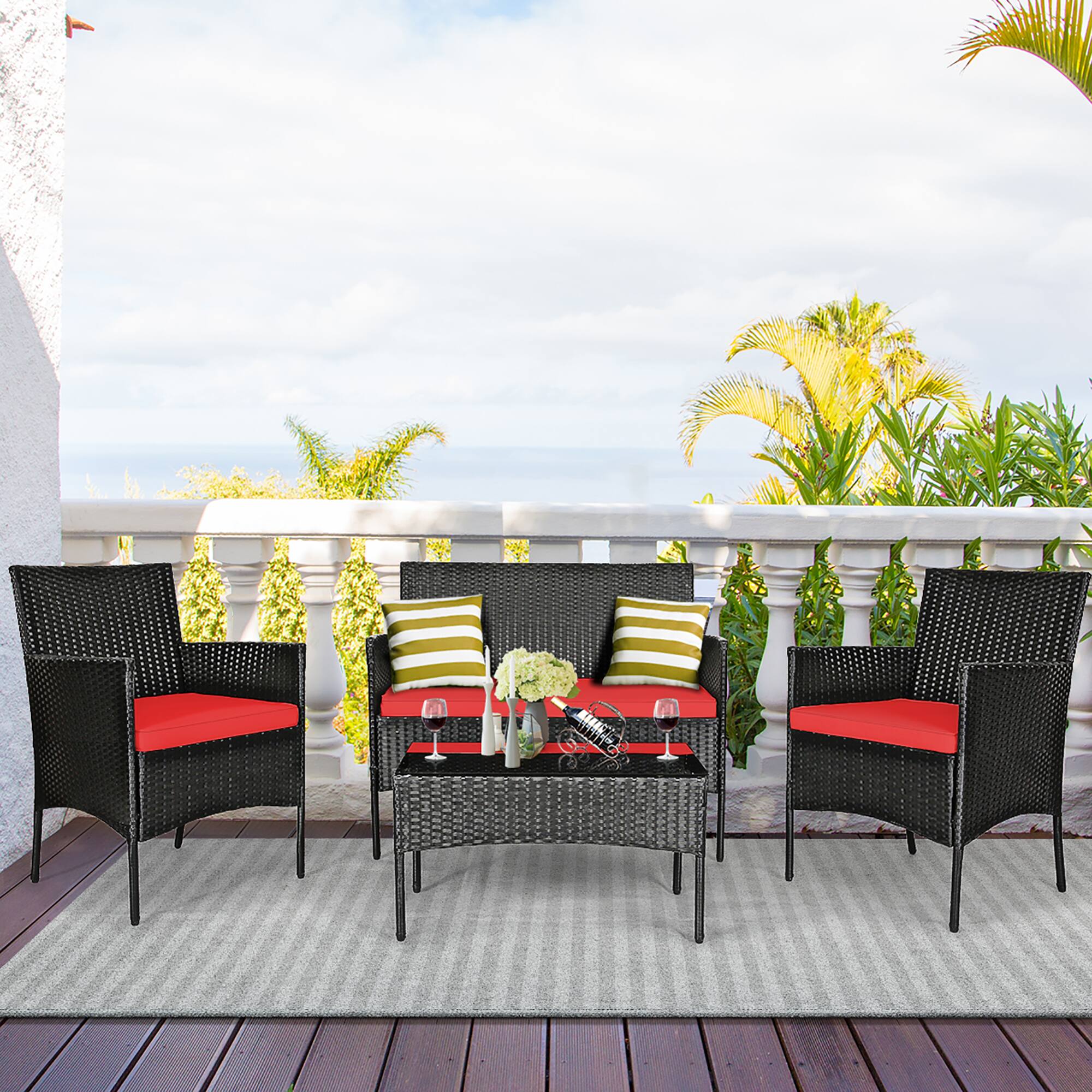 Alt View 8. Costway - Costway 8PCS Patio Rattan Furniture Set Cushioned Sofa Coffee Table Backyard Porch - Red.