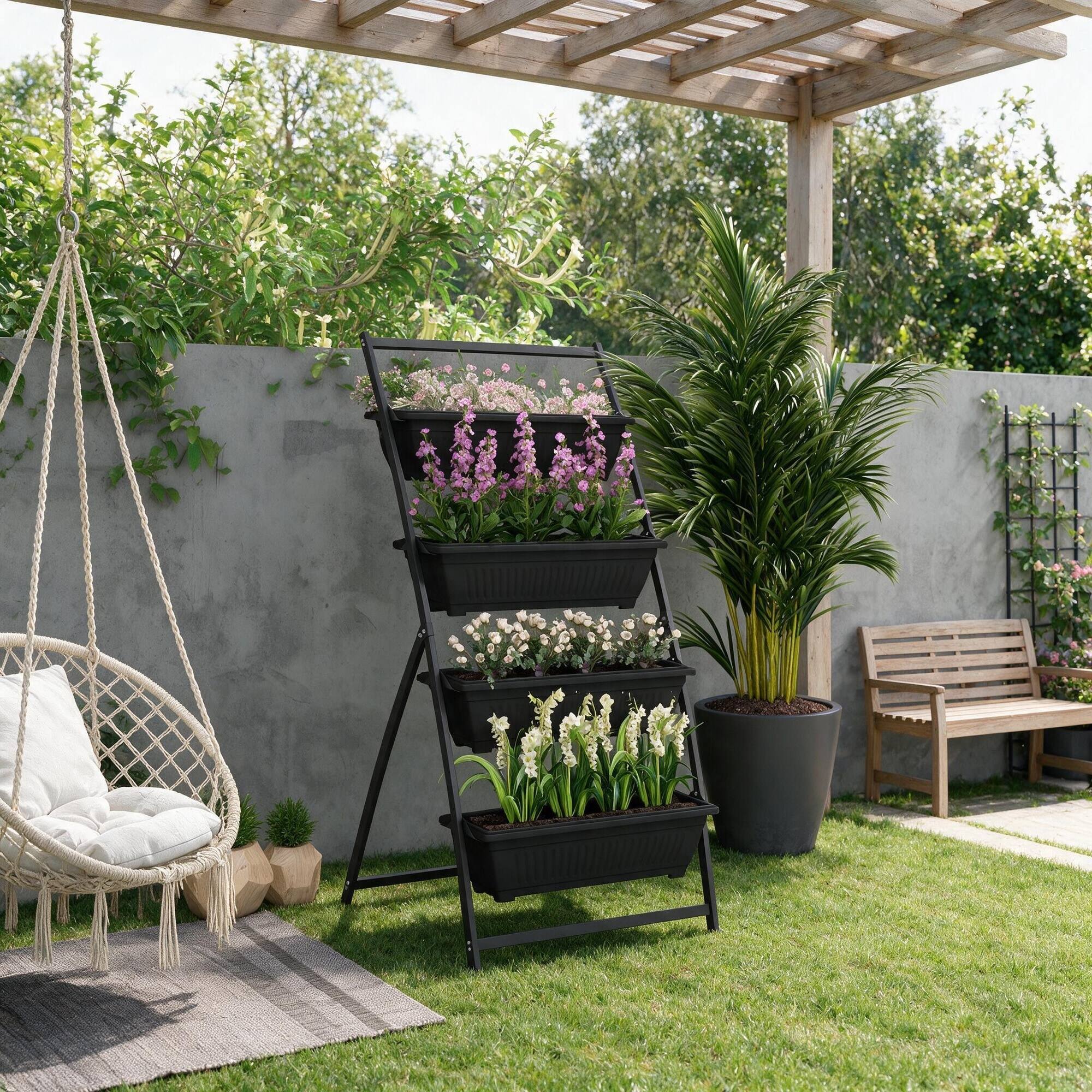 Alt View 1. RYHNUYNE - Outsunny 4 Tier Raised Garden Bed, Vertical Planter Boxes with Stand, Self Draining Elevated Outdoor Garden - Black.
