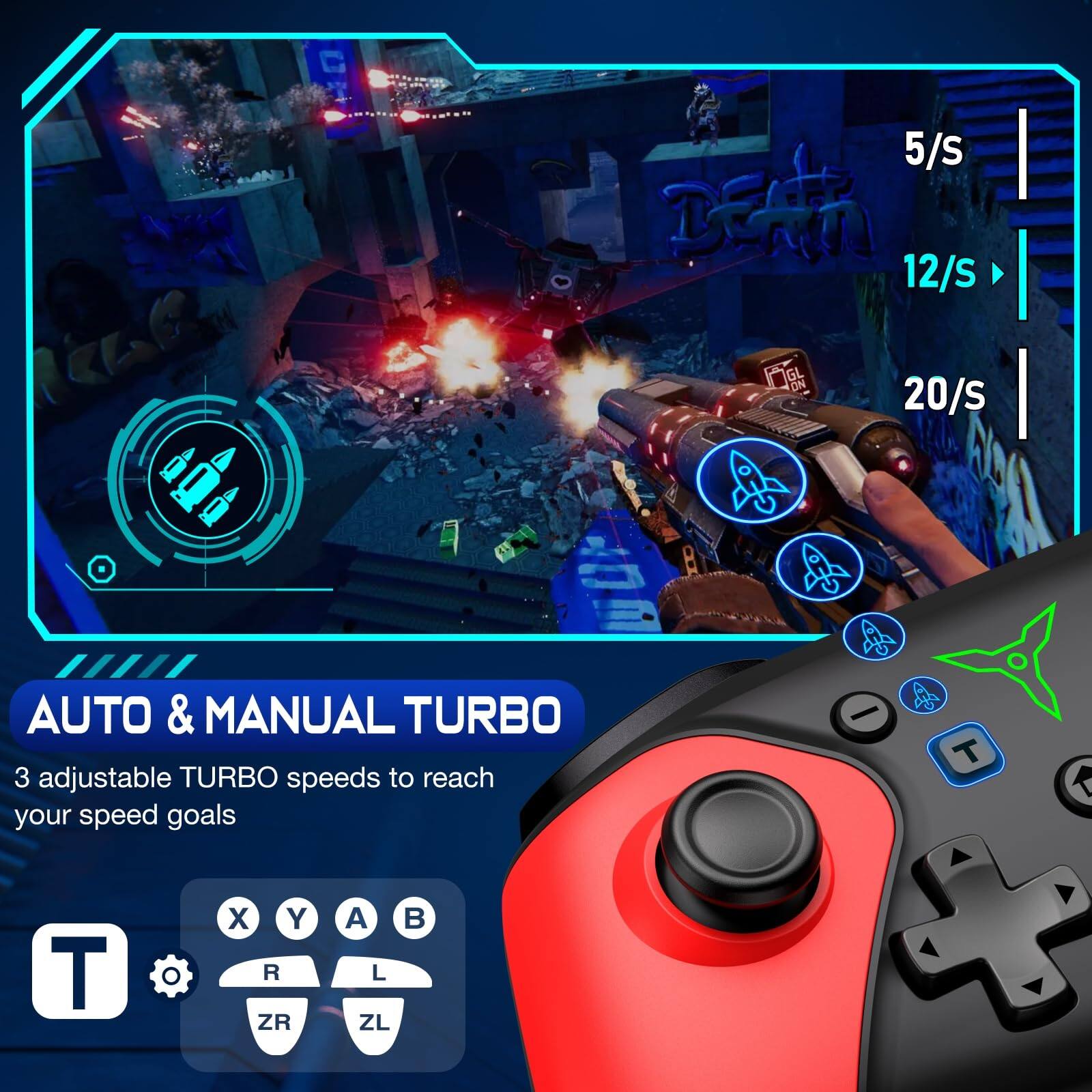 5/s  
12/s  
20/s  

AUTO & MANUAL TURBO  
3 adjustable TURBO speeds to reach your speed goals  

T  
X Y A B  
R L  
ZR ZL