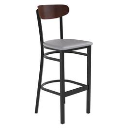 Flash Furniture - Wright Commercial Barstool with 500 LB. Capacity Black Steel Frame, Walnut Finish Wooden Boomerang Back, and Vinyl - Gray