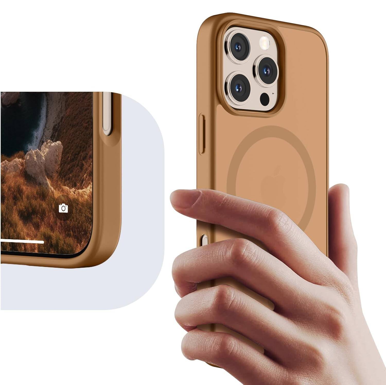 Alt View 2. FINEAK - iPhone 16 Pro Max Case-Magnetic Matte Military Drop Protection - Brown.