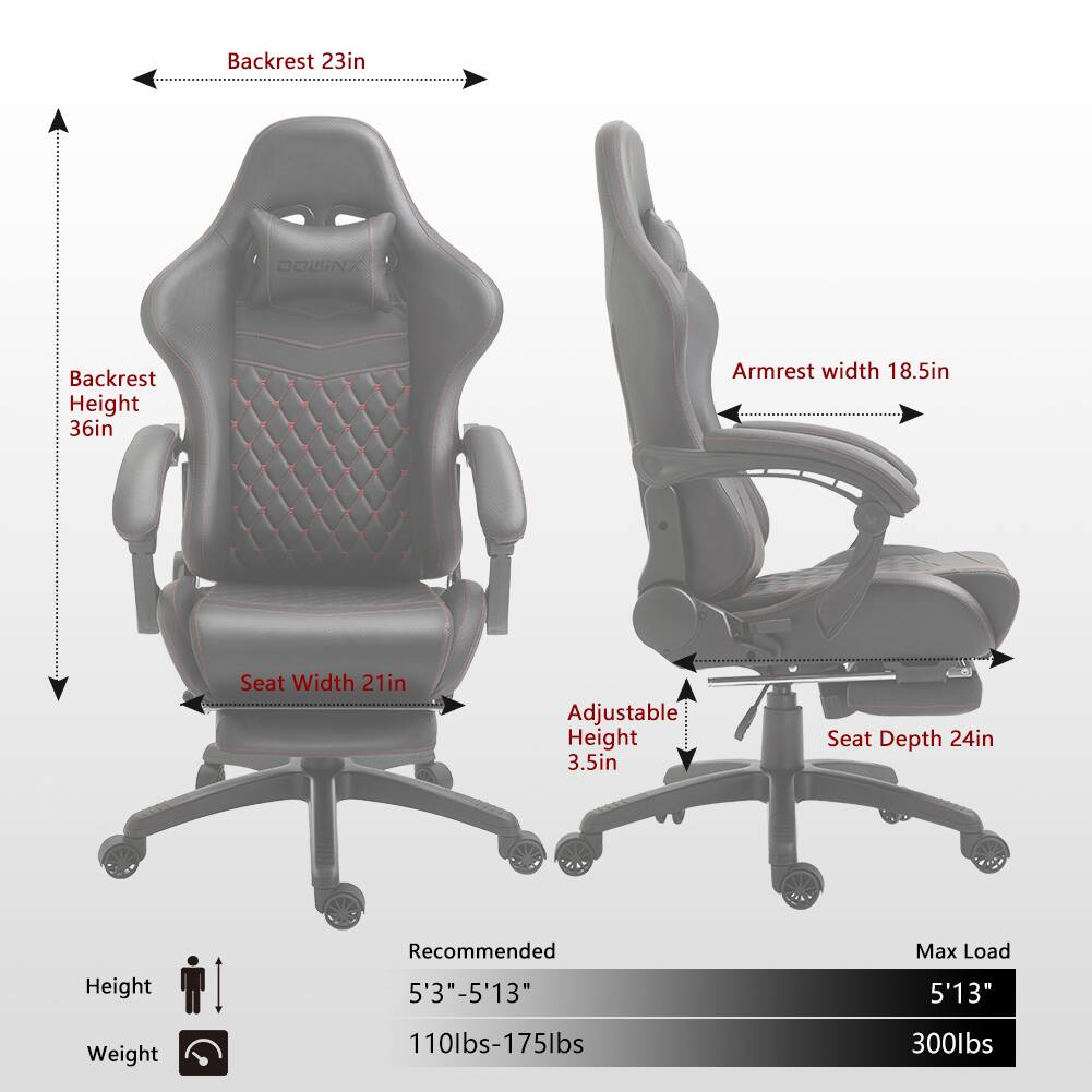 Backrest: 23in  
Backrest Height: 36in  
Armrest Width: 18.5in  
Seat Width: 21in  
Adjustable Height: 3.5in  
Seat Depth: 24in  

Recommended Height: 5'3" - 5'13"  
Weight: 110lbs - 175lbs  
Max Load: 300lbs