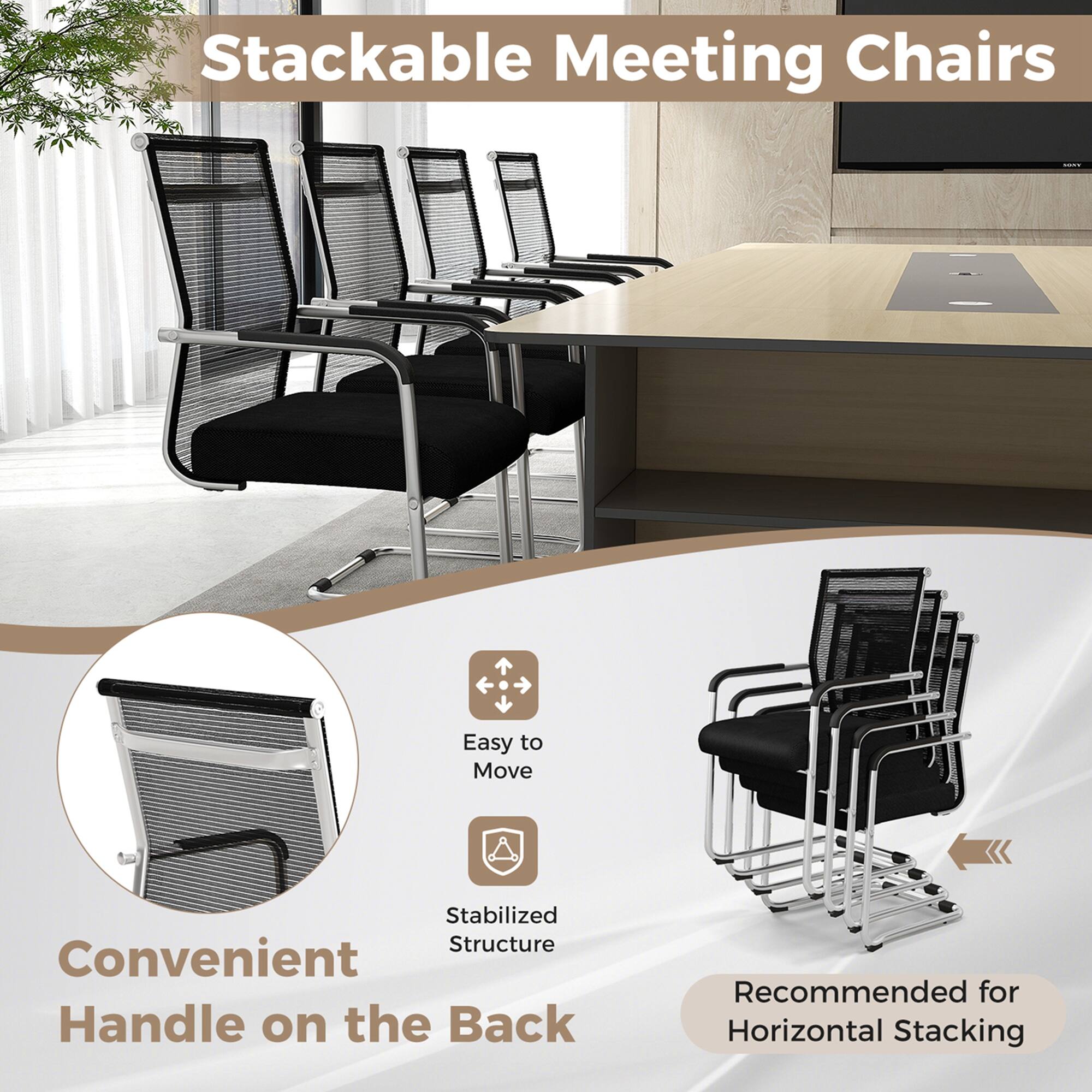 Stackable Meeting Chairs: Easy to Move, Stabilized Structure, Convenient Handle on the Back, Recommended for Horizontal Stacking.