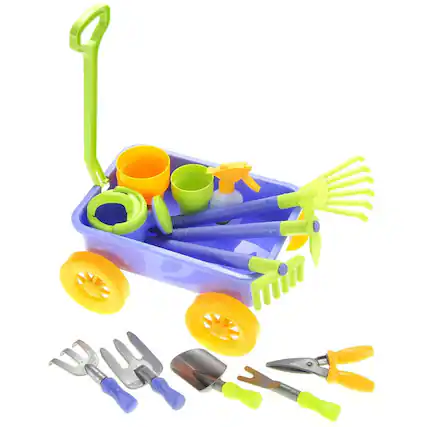 Front. JuzToys - STEM Kids Gardening Set, Pretend Play for Toddlers 3-5 with Wheelbarrow Plant Pots, Shovel, Rake, Watering Can - Multi.