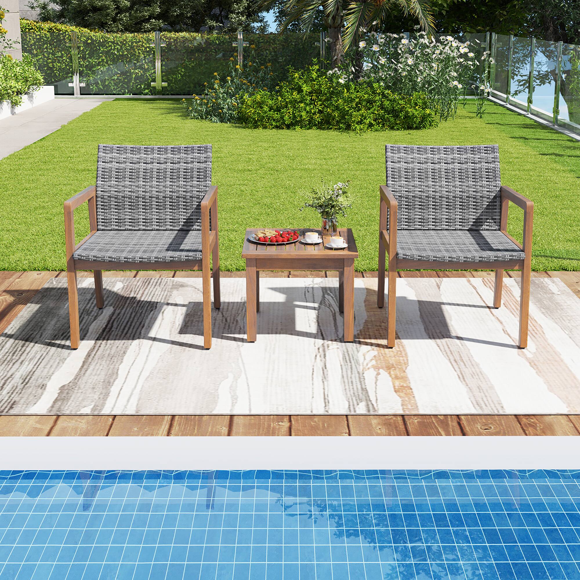 Alt View 7. Gymax - Gymax 3 Pieces Outdoor Furniture Set Acacia Wood Frame Sofa Set w/ Rattan Seat - Mix Gray.