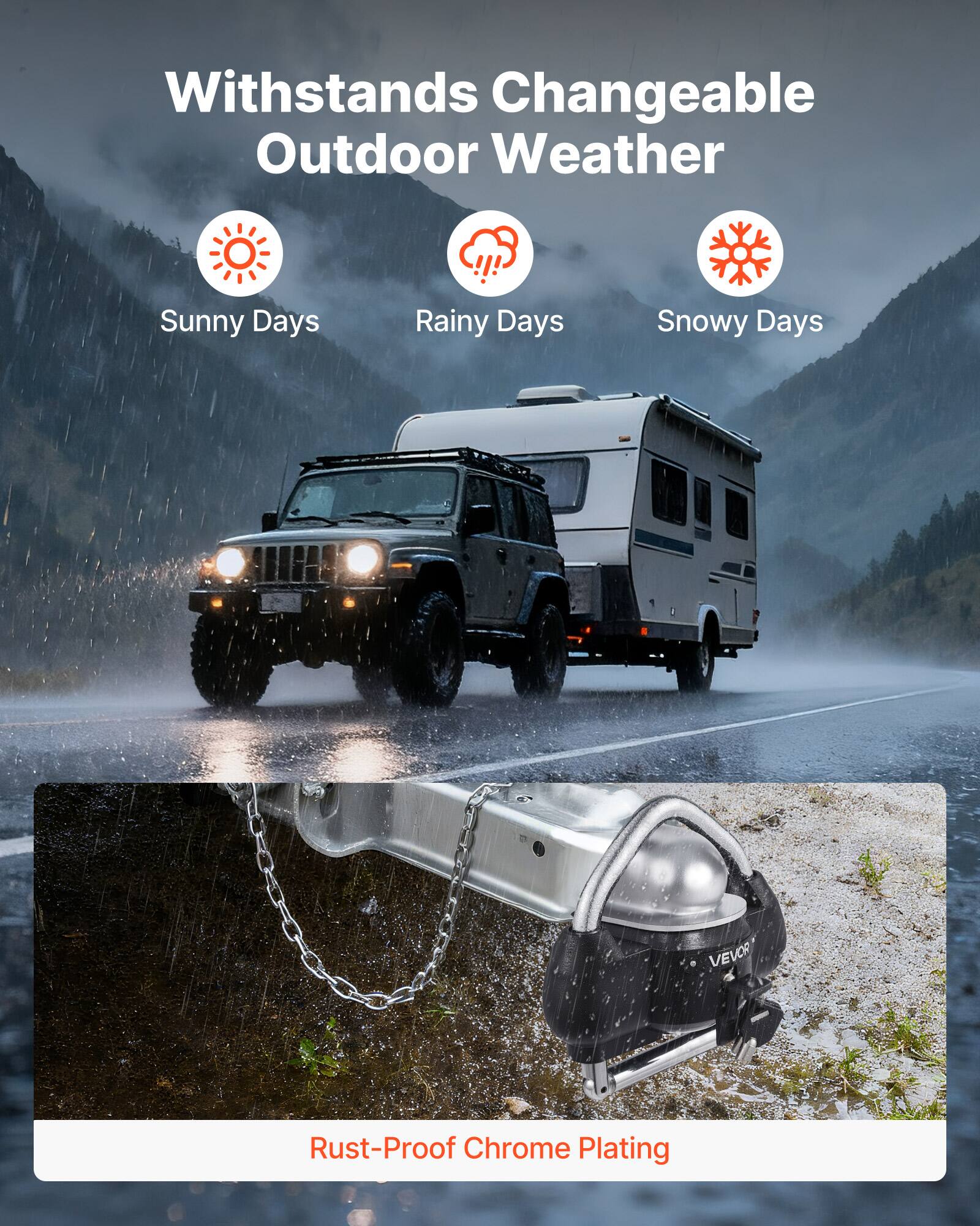 Withstands Changeable Outdoor Weather  
Sunny Days  
Rainy Days  
Snowy Days  

Rust-Proof Chrome Plating