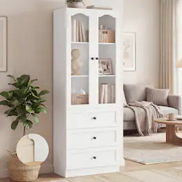 Aheaplus - 80'' Tall Bookcase with 3 Drawers, Glass Doors, and 3-Tier Shelves - White