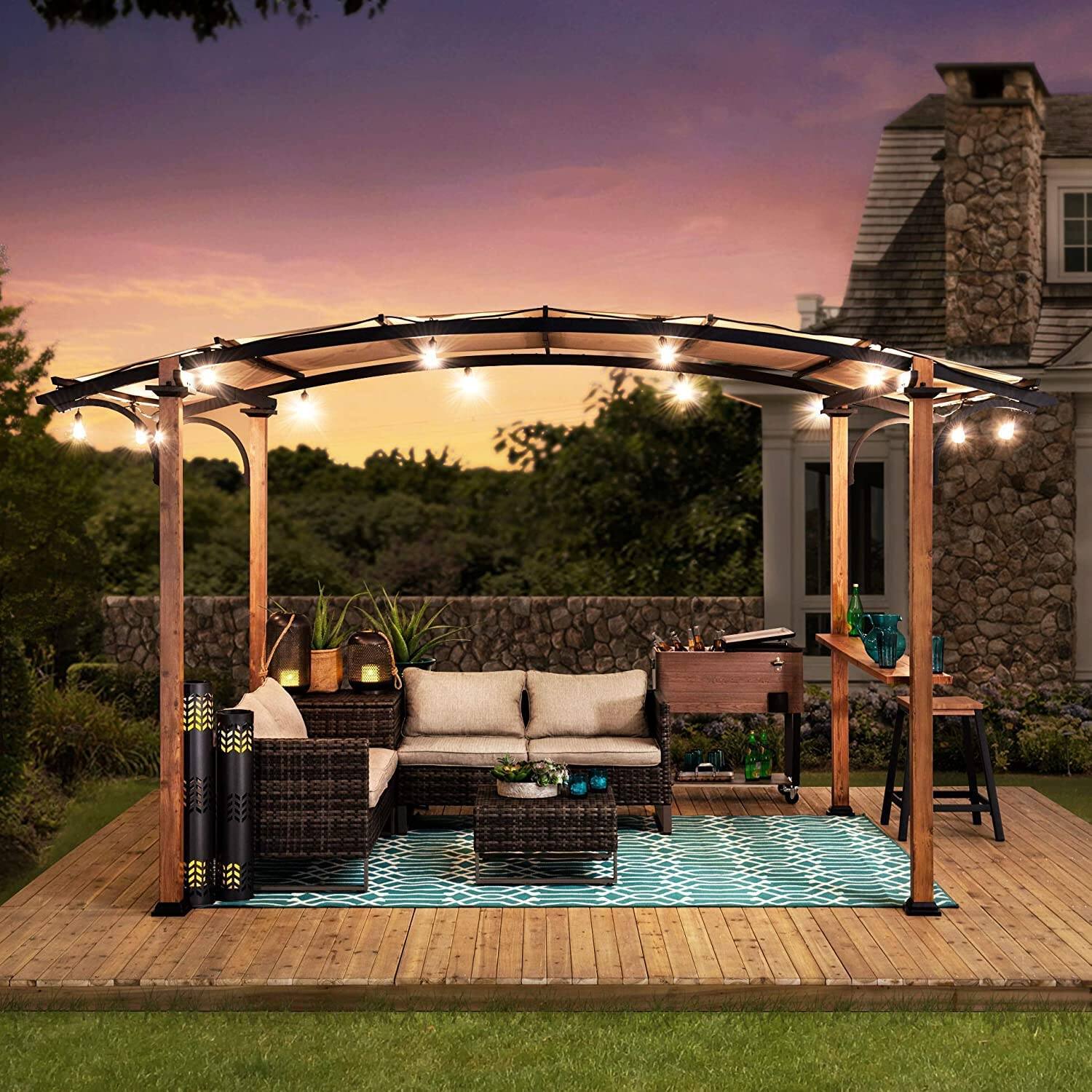 Angle. SUNJOY - SUNJOY 9' x 13' Aluminum Pergola with Bar Counter, Brown Wood-Grain Curved Roof & Textilene Canopy for Patio Garden - Tan.