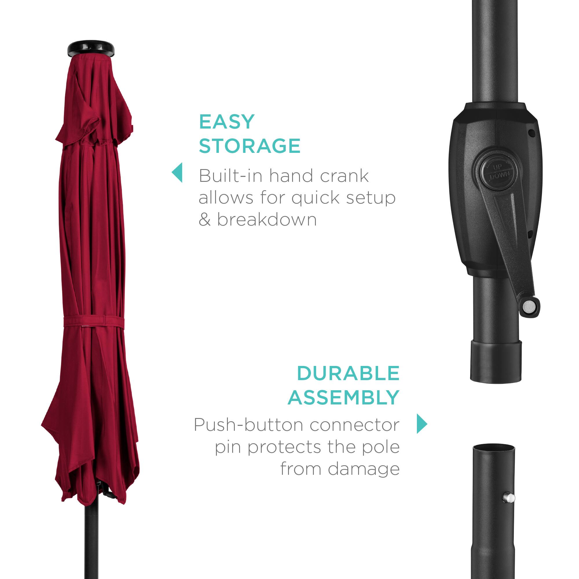 EASY STORAGE  
Built-in hand crank allows for quick setup & breakdown  

DURABLE ASSEMBLY  
Push-button connector pin protects the pole from damage