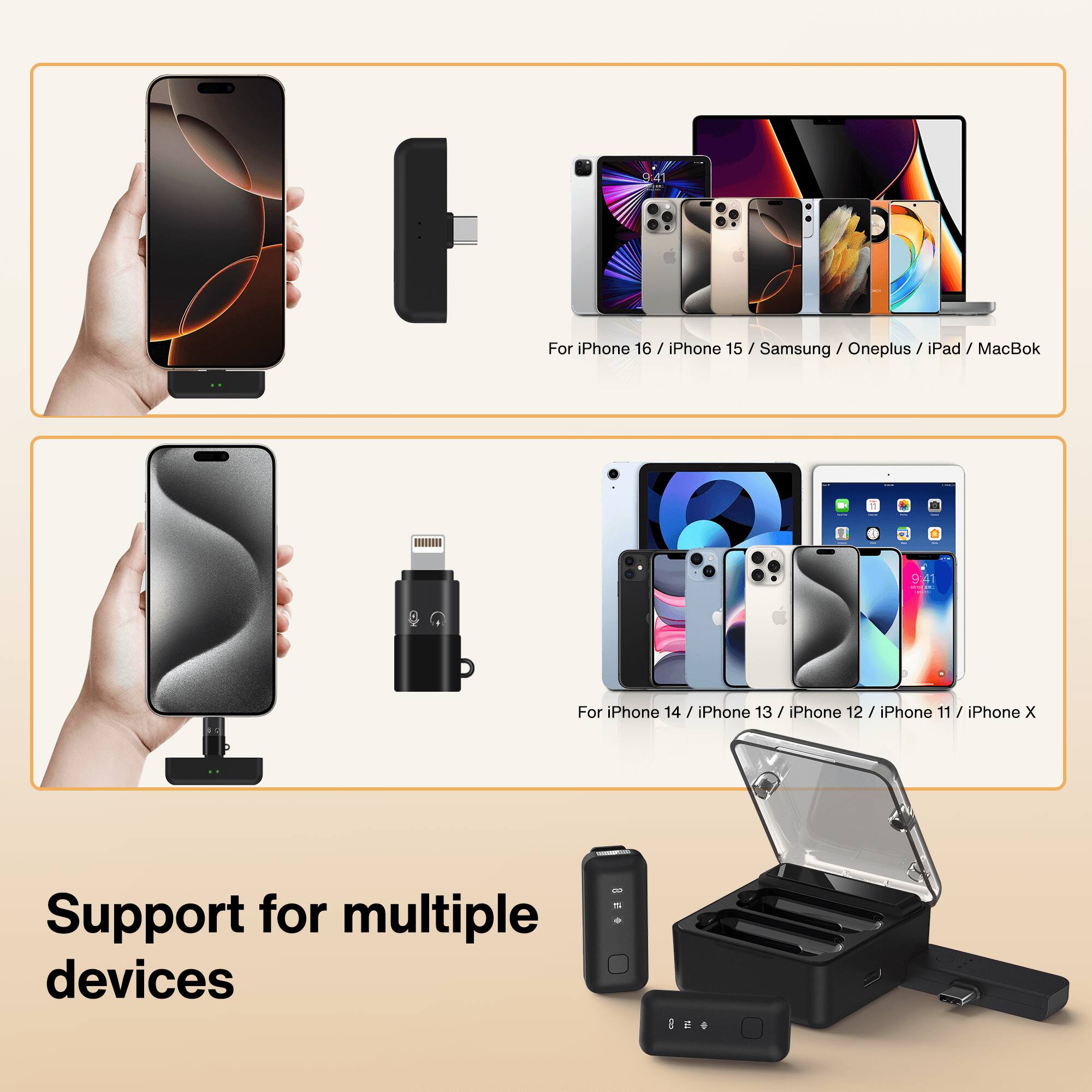 For iPhone 16 / iPhone 15 / Samsung / OnePlus / iPad / MacBook  
For iPhone 14 / iPhone 13 / iPhone 12 / iPhone 11 / iPhone X  
Support for multiple devices