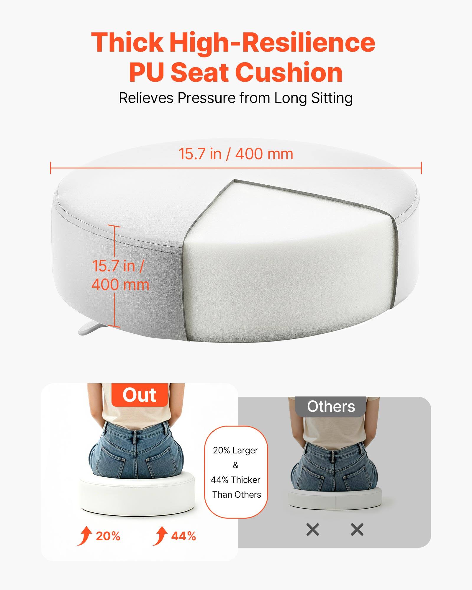 Thick High-Resilience PU Seat Cushion Relieves Pressure from Long Sitting

15.7 in / 400 mm

15.7 in / 400 mm

Out

Others

20% Larger & 44% Thicker Than Others