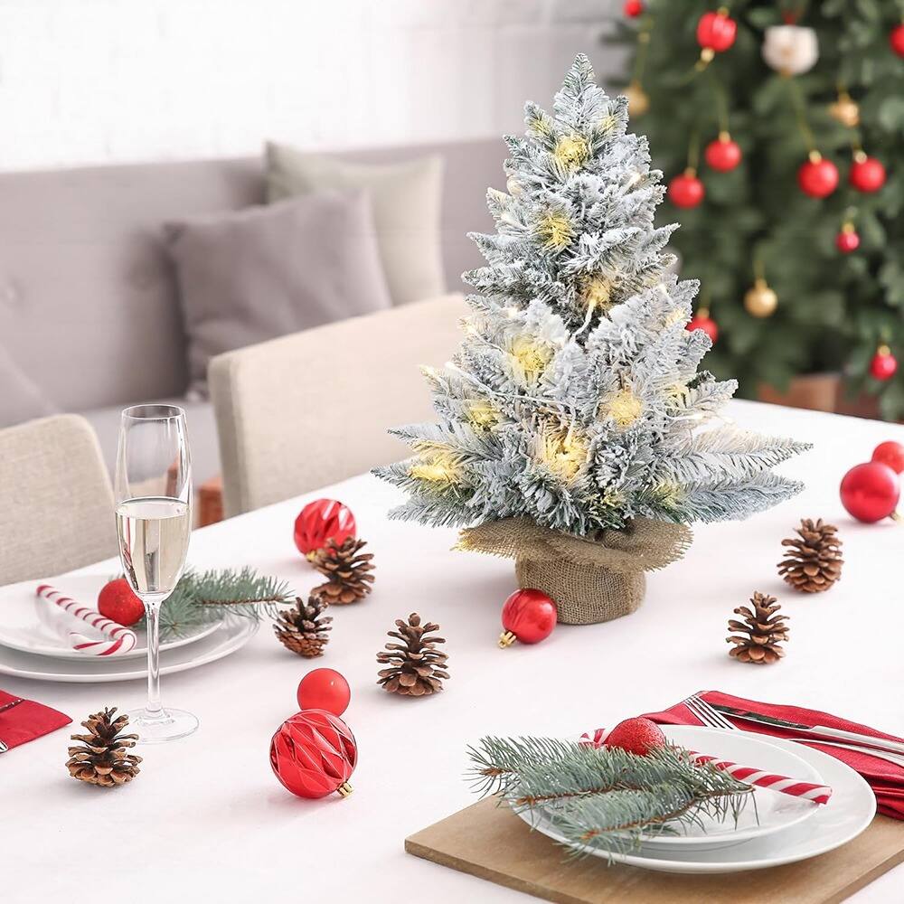 Back. RTMB - 2ft Pre-Lit Snowy Tabletop Christmas Tree with LED Lights, Flocked Pine, Burlap Base for Indoor Home Decor - White.