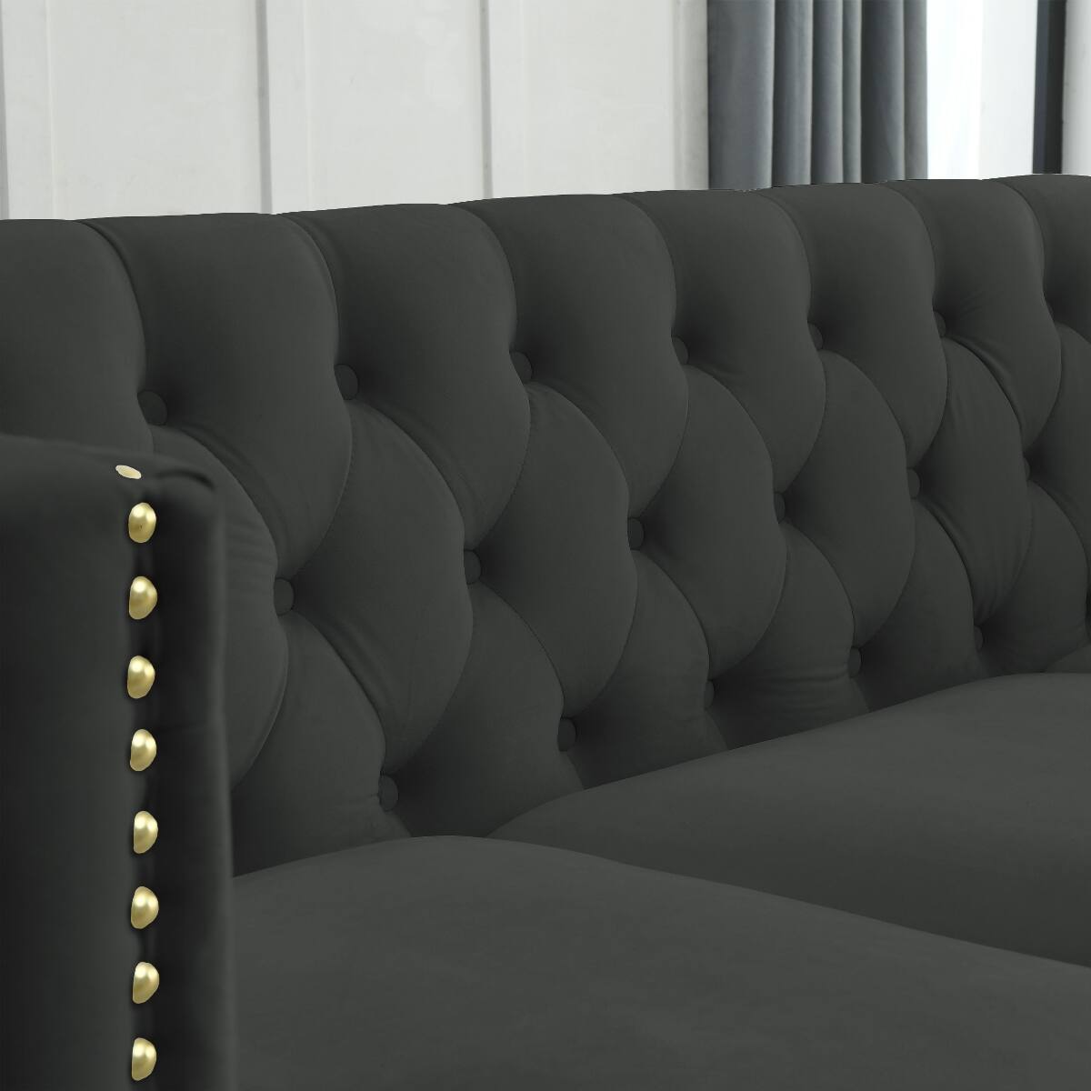 Alt View 4. Ropilly - Ropilly Velvet Corner Sofa, L Shaped Sectional Couch, Black 5 Seater Chesterfield Style Sofa - Black.