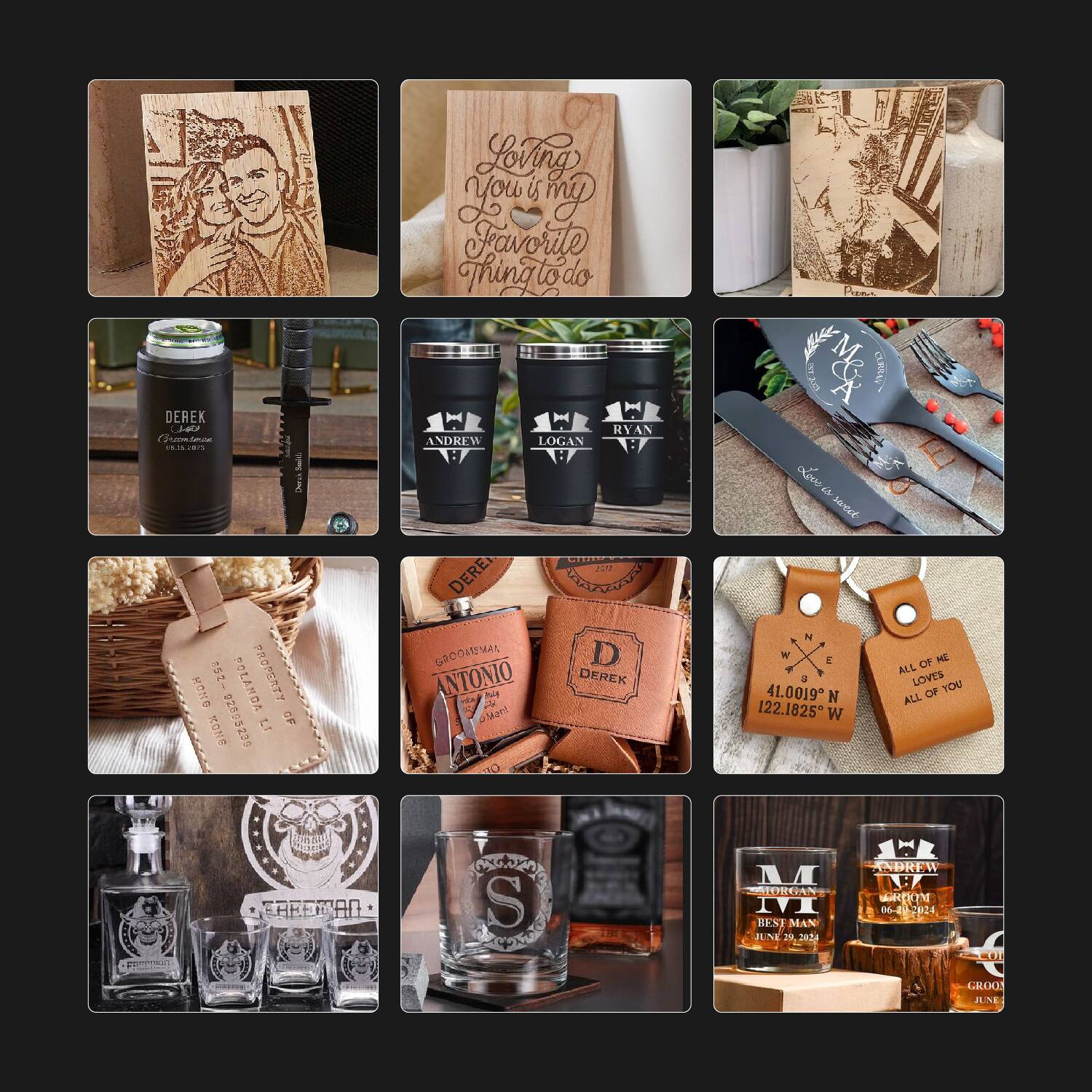 Sure, here is the corrected and grouped text from the image:

---

**Wooden Sign:**
- Loving You is my Favorite Thing

**Wooden Sign:**
- Love my little todo

**Can:**
- DEREK
- 18.16875

**Mugs:**
- ANDREW
- RYAN
- LOGAN

**Cutlery:**
- M
- C
- A

**Tag:**
- PRESENTED BY
- DEREK
- 123-456-7890
- 123-456-7890

**Tag:**
- GROOMSMAN
- ANTONIO
- 2024

**Tag:**
- DEREK

**Tag:**
- 41.0019° N
- 122.1825° W

**Tag:**
- ALL OF ME LOVES ALL OF YOU

**Glassware:**
- S
- 2024

**Mugs:**
- MORGAN
- BESPOKE
- 06-21-2024

