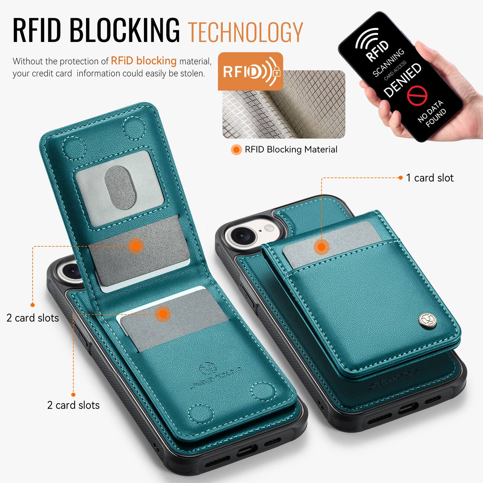 RFID BLOCKING TECHNOLOGY

Without the protection of RFID blocking material, your credit card information could easily be stolen.

RFID Blocking Material

1 card slot

2 card slots

2 card slots

RFID SCANNING  
CARD ACCESS DENIED  
NO DATA FOUND