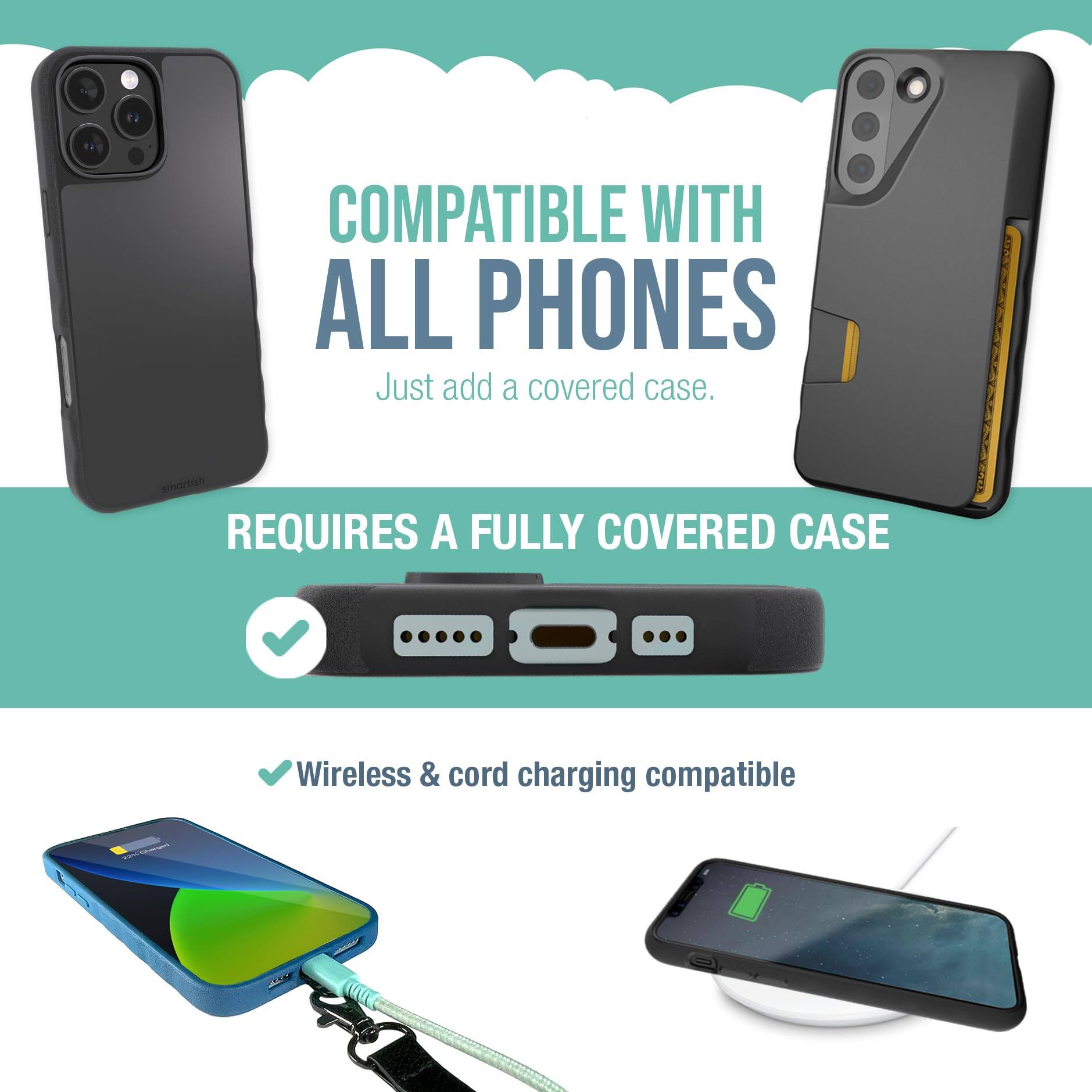COMPATIBLE WITH ALL PHONES  
Just add a covered case.  

REQUIRES A FULLY COVERED CASE  

Wireless & cord charging compatible
