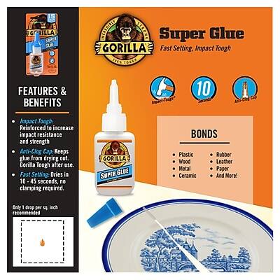 **GORILLA SUPER GLUE**

**Fast Setting, Impact Tough**

**FEATURES & BENEFITS**

- **Impact Tough:** Reinforced to increase impact resistance and strength
- **Anti-Clog Cap:** Keeps glue from drying out
- **Fast Setting:** Dries in 10-45 seconds, no clamping required
- **Gorilla Tough:** Lasts after use

**BONDS**

- Plastic
- Wood
- Metal
- Paper
- Ceramic
- Rubber
- Leather
- And More!

**Only 1 drop per 5 sq. inch recommended**